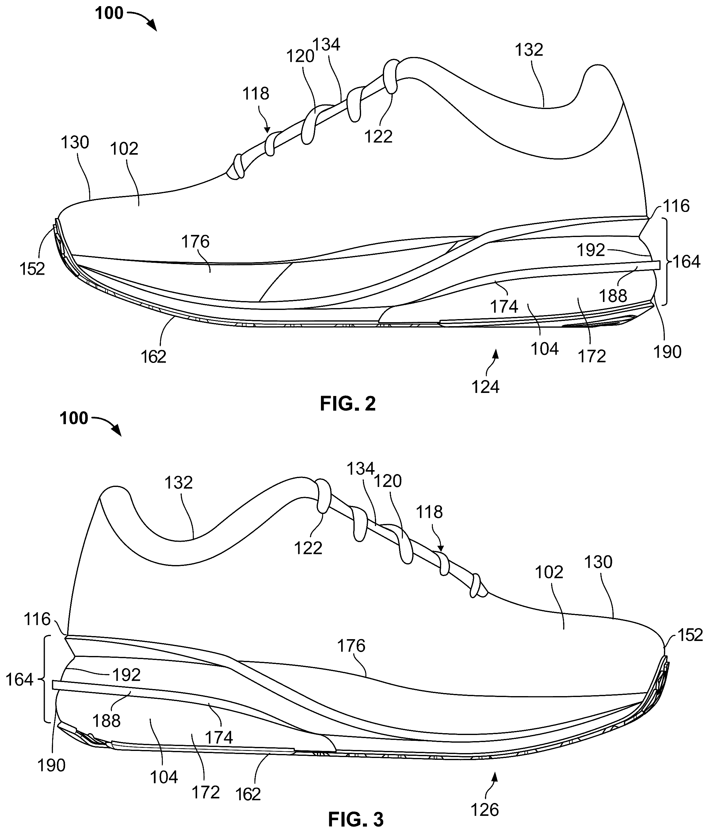 Patent US12324477 Figure 2 – Articles of footwear with support structures