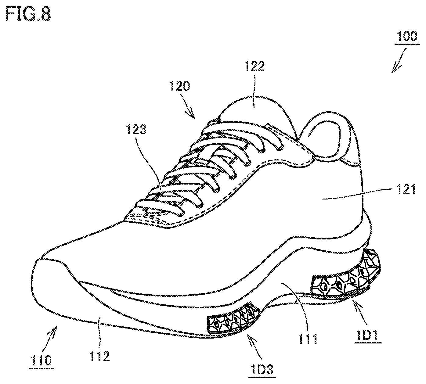 Patent US12324479 Figure 8 – Shock absorber, shoe sole, and shoe