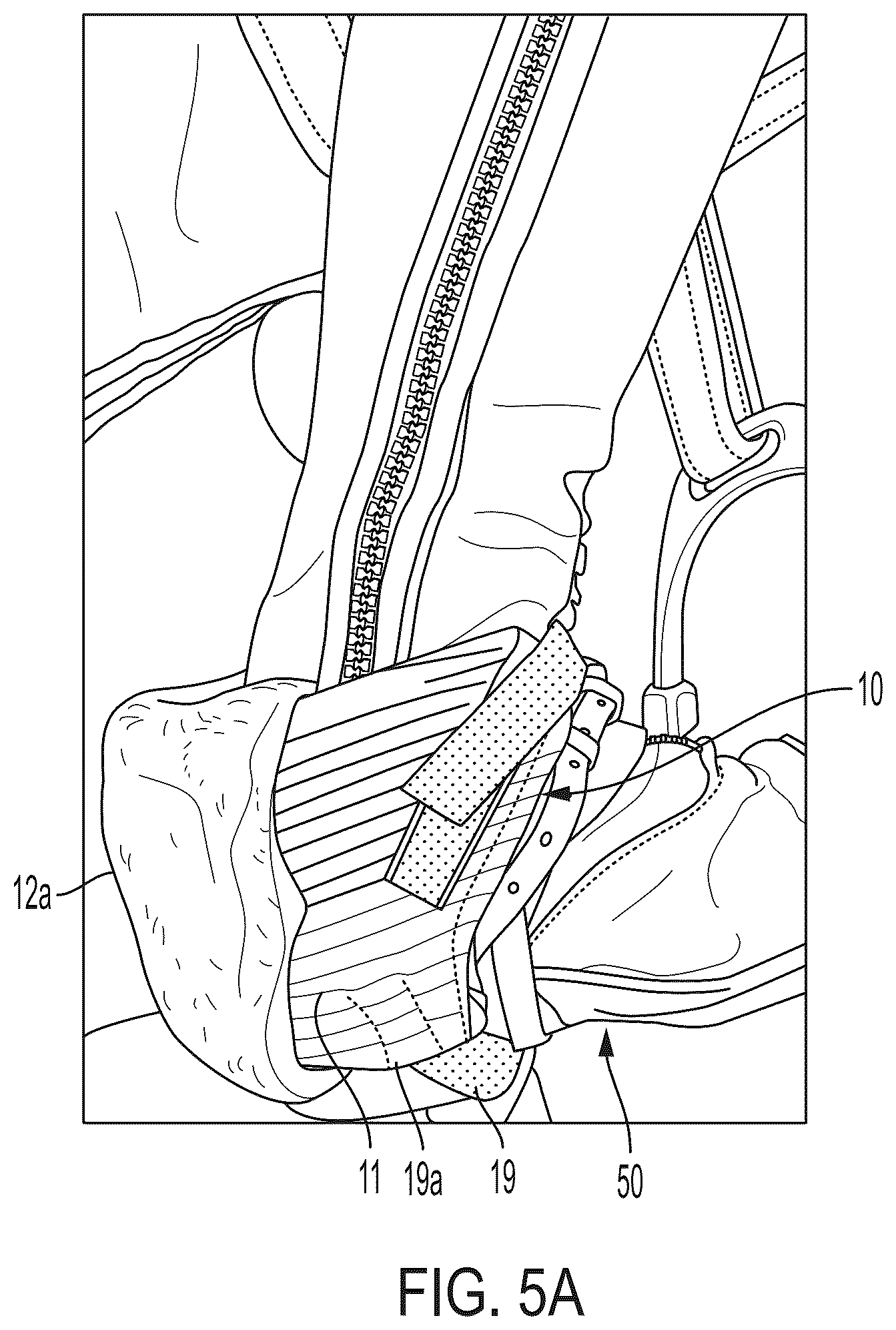 Patent US12324483 Figure 8 – Apparatus to prevent contact between spur or riding boot and a horse