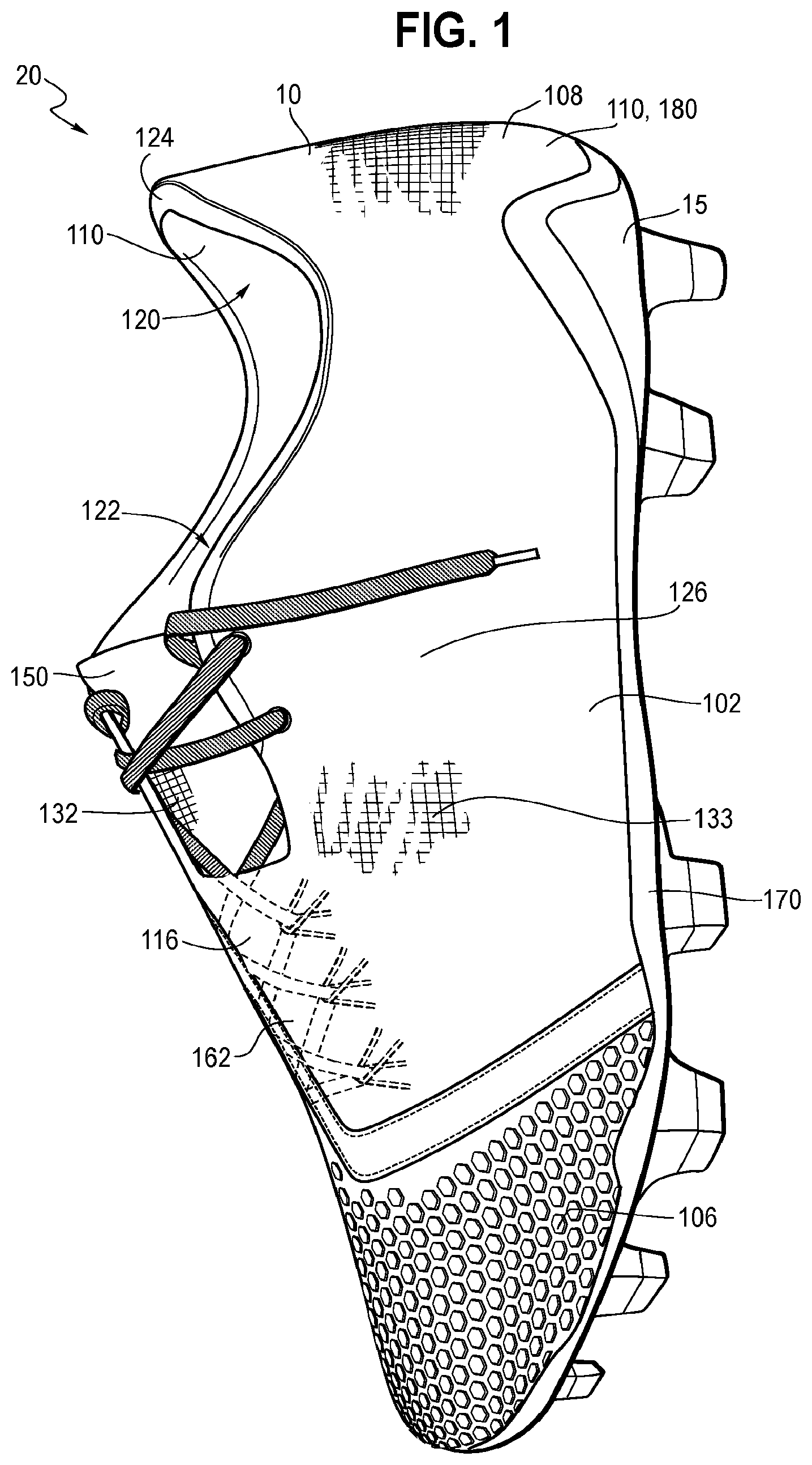 Patent US12324484 Figure 1 – Upper for an article of footwear having an inner component and a shroud