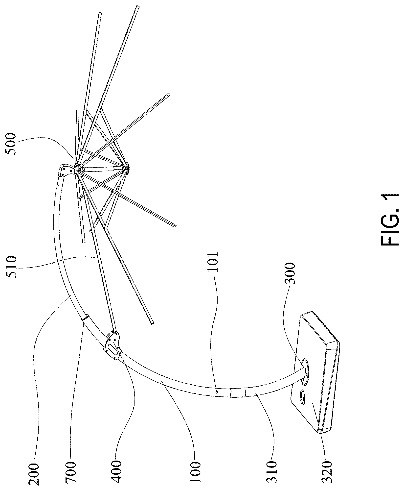 Patent US12324492 Figure 1 – Curved pipe umbrella with structure for adjusting inclination angle of umbrella body