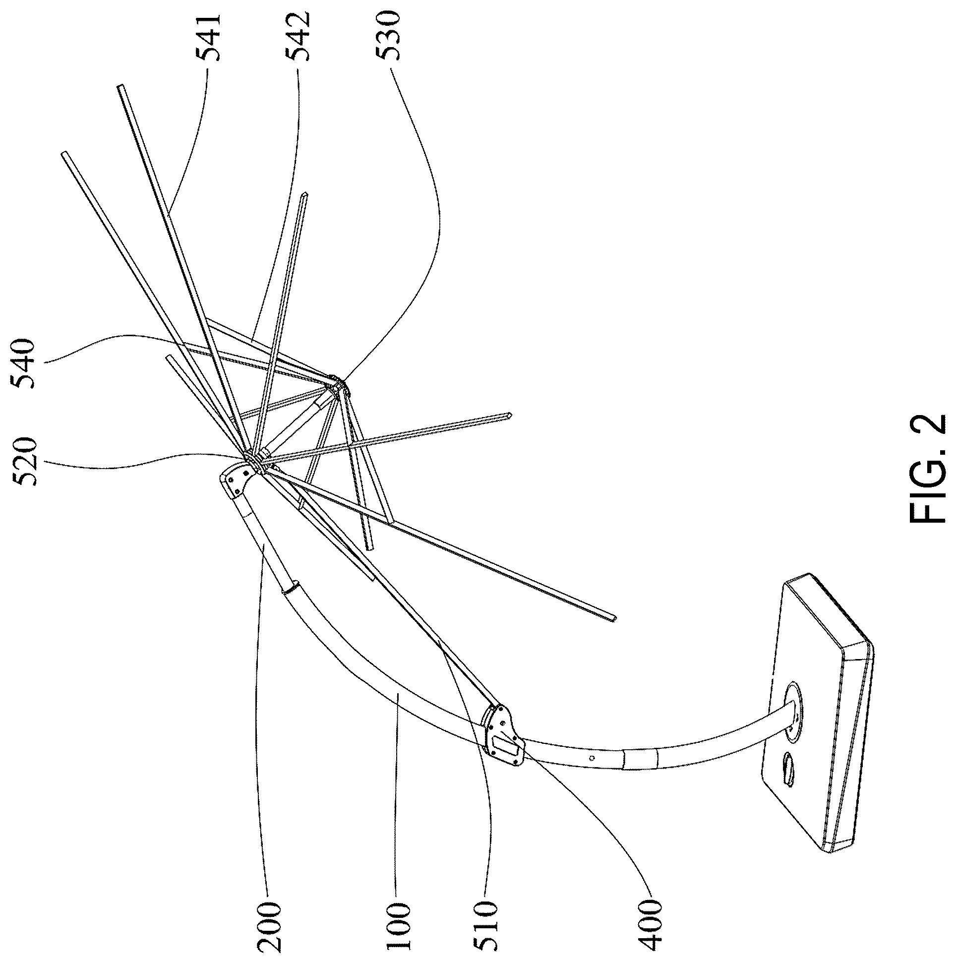 Patent US12324492 Figure 2 – Curved pipe umbrella with structure for adjusting inclination angle of umbrella body