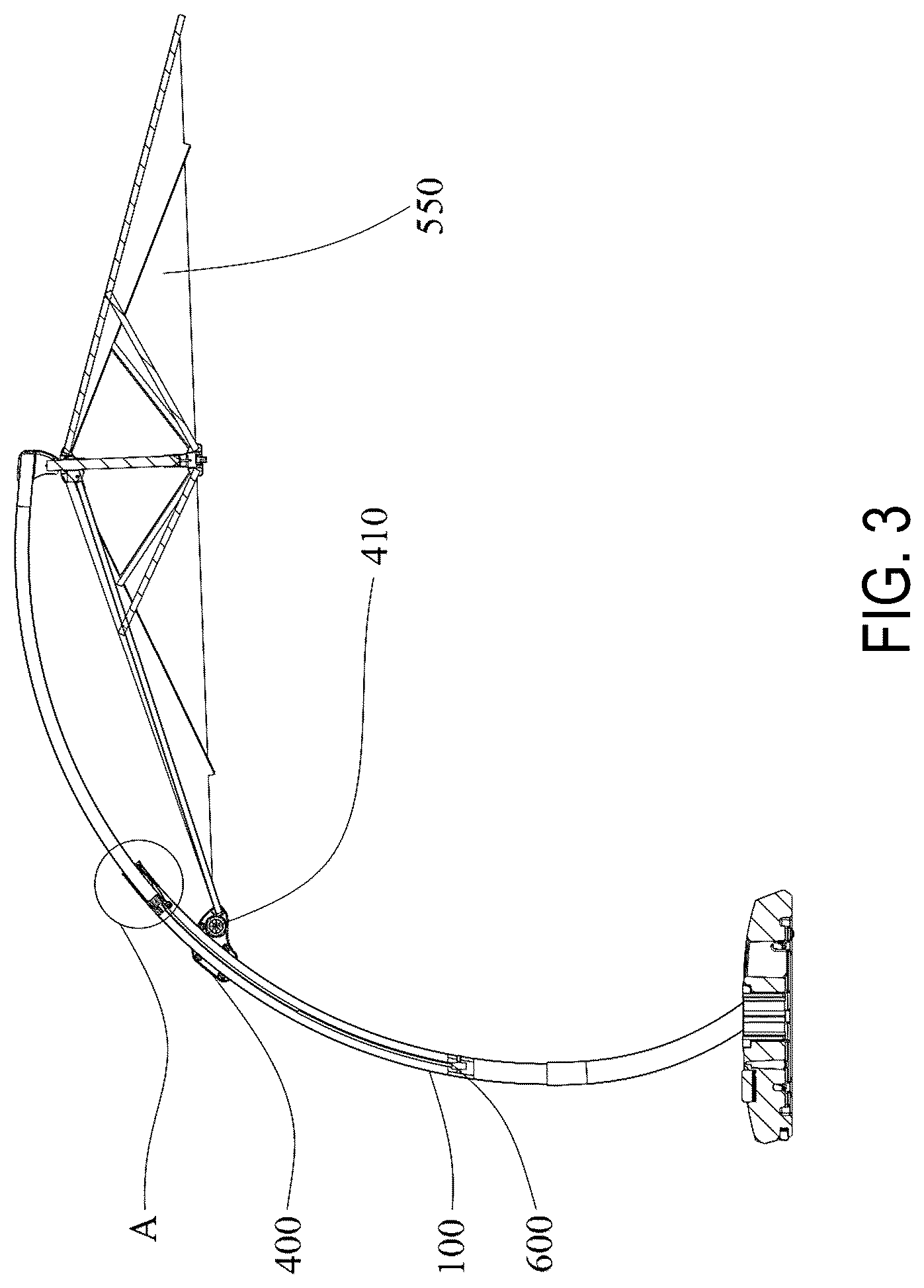Patent US12324492 Figure 3 – Curved pipe umbrella with structure for adjusting inclination angle of umbrella body
