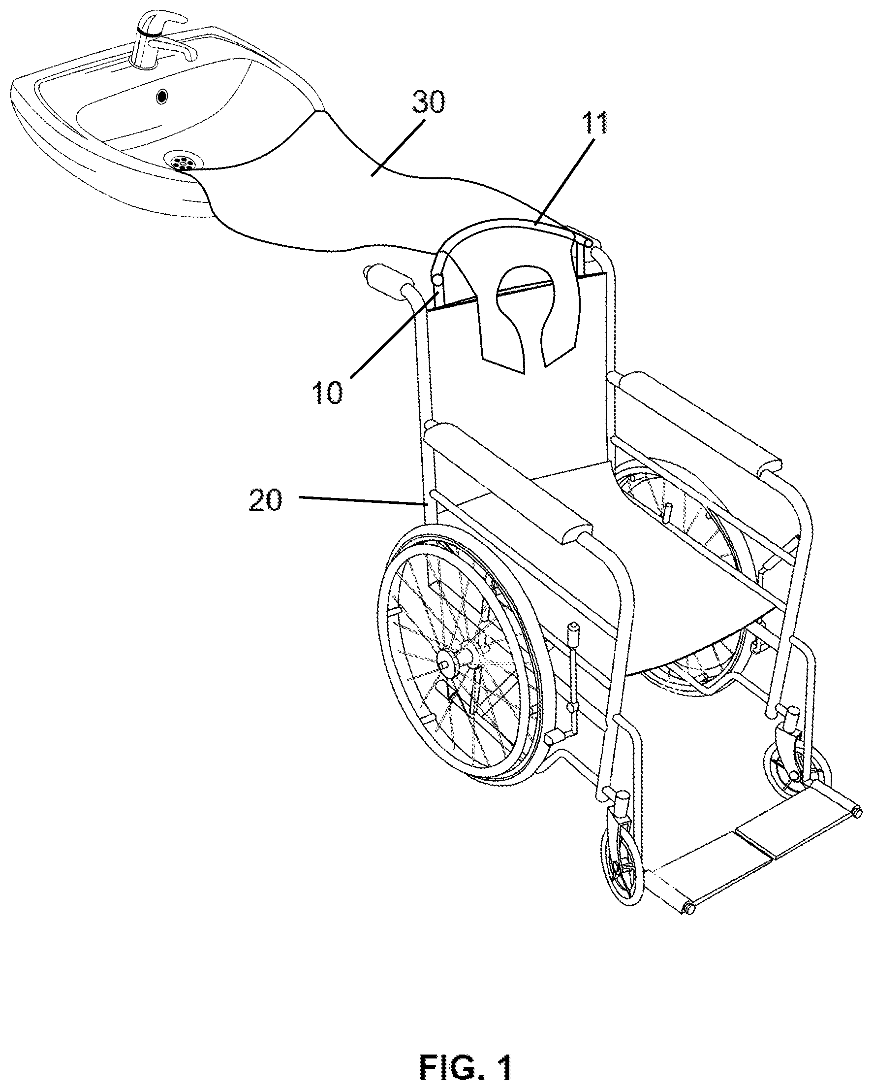 Patent US12324502 Figure 1 – Wheelchair-adaptable support brace and inflatable shampoo cape for hair washing and grooming