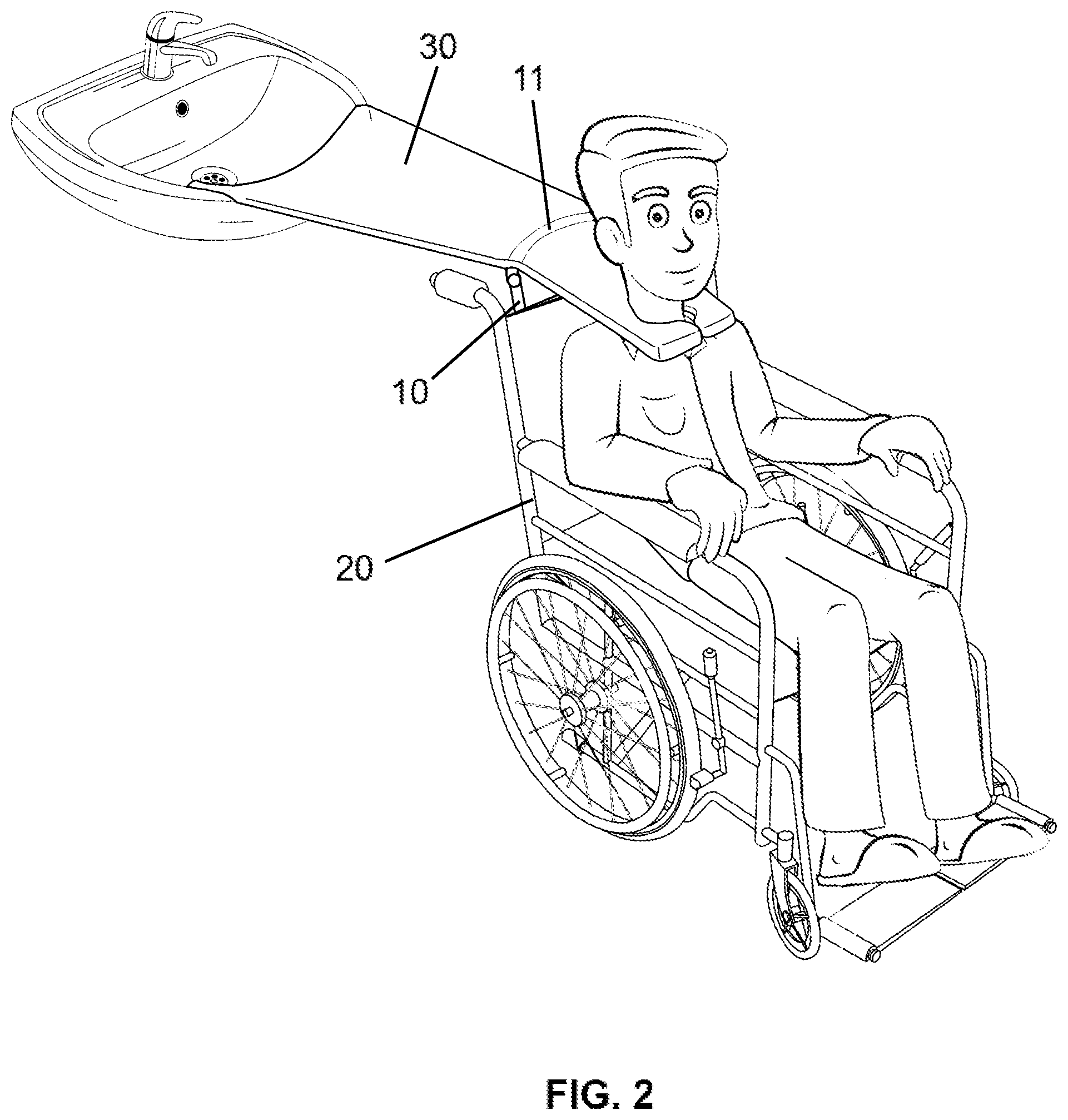 Patent US12324502 Figure 2 – Wheelchair-adaptable support brace and inflatable shampoo cape for hair washing and grooming