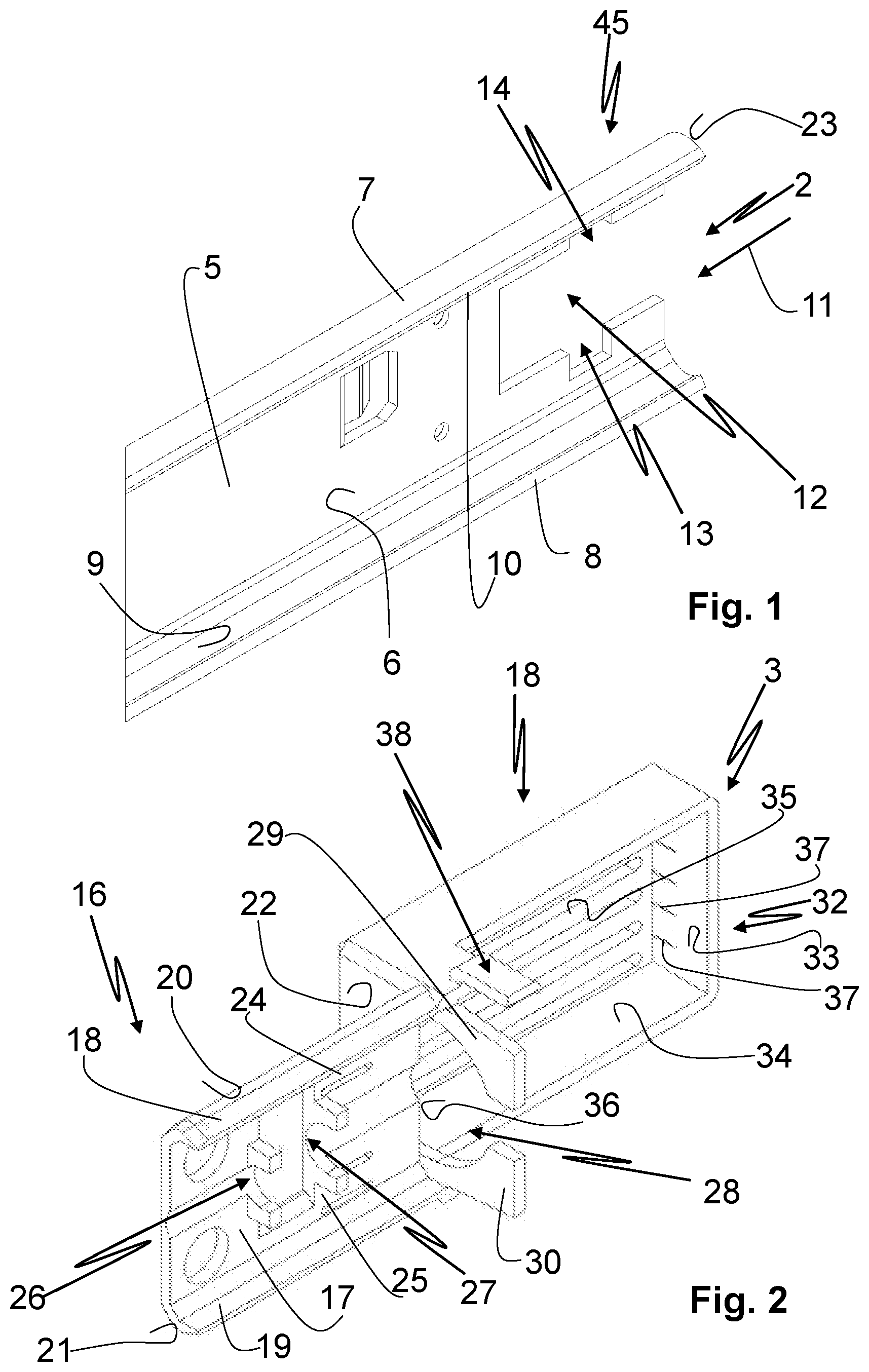 Patent US12324513 Figure 1 – Drive adapter for tool-free mounting of a drive element on a rail element of a guide system