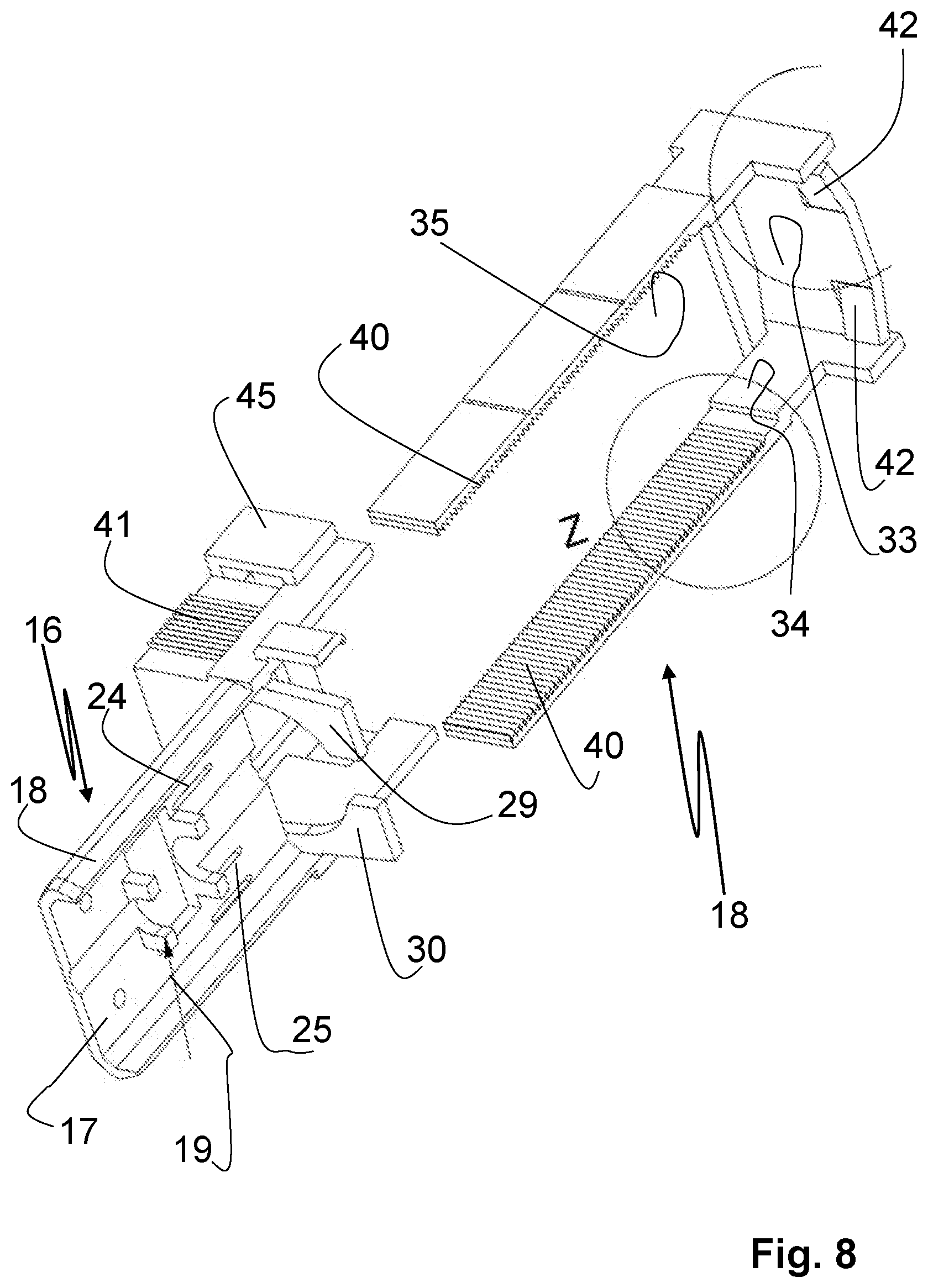 Patent US12324513 Figure 4 – Drive adapter for tool-free mounting of a drive element on a rail element of a guide system
