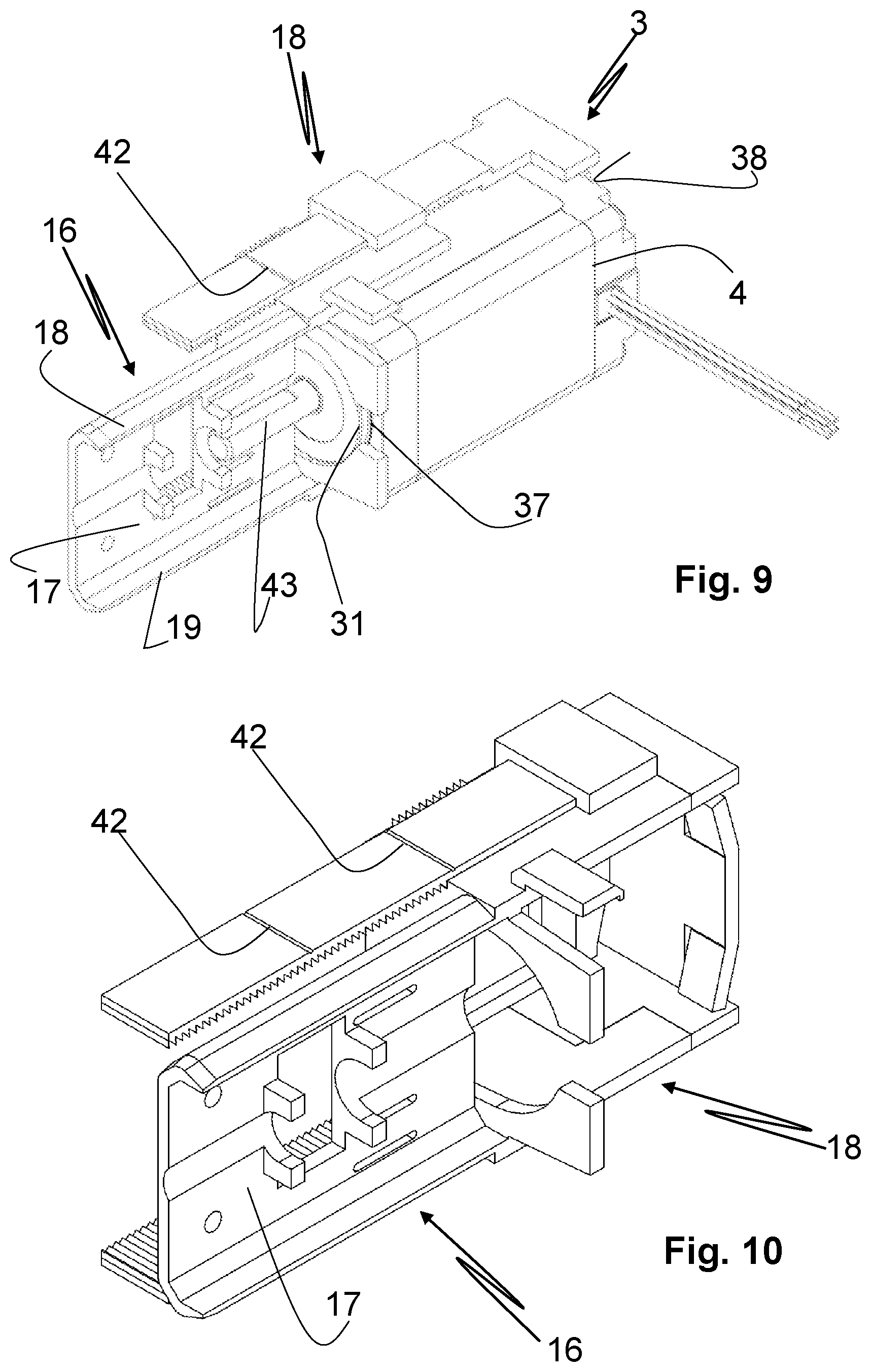Patent US12324513 Figure 5 – Drive adapter for tool-free mounting of a drive element on a rail element of a guide system