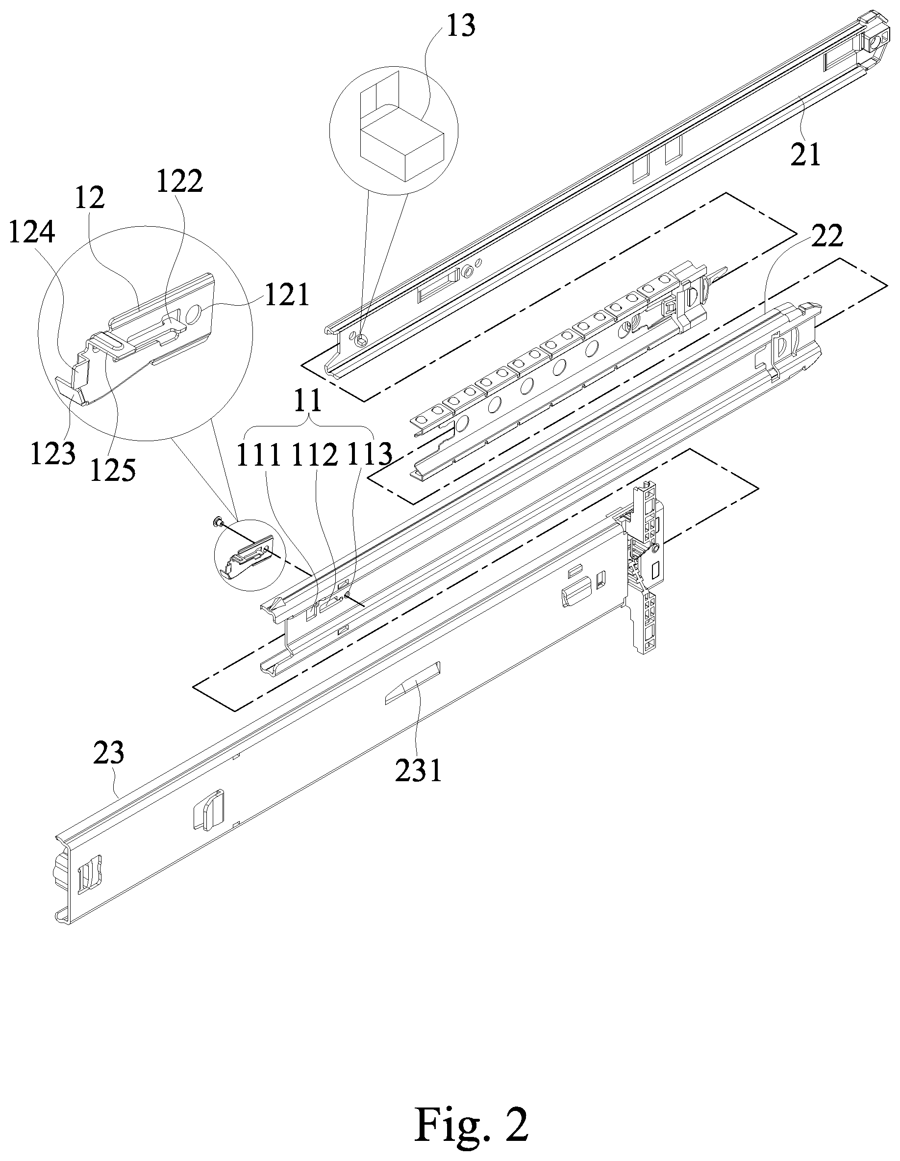 Patent US12324515 Figure 2 – Middle and inner rails synchronization mechanism of slide rail