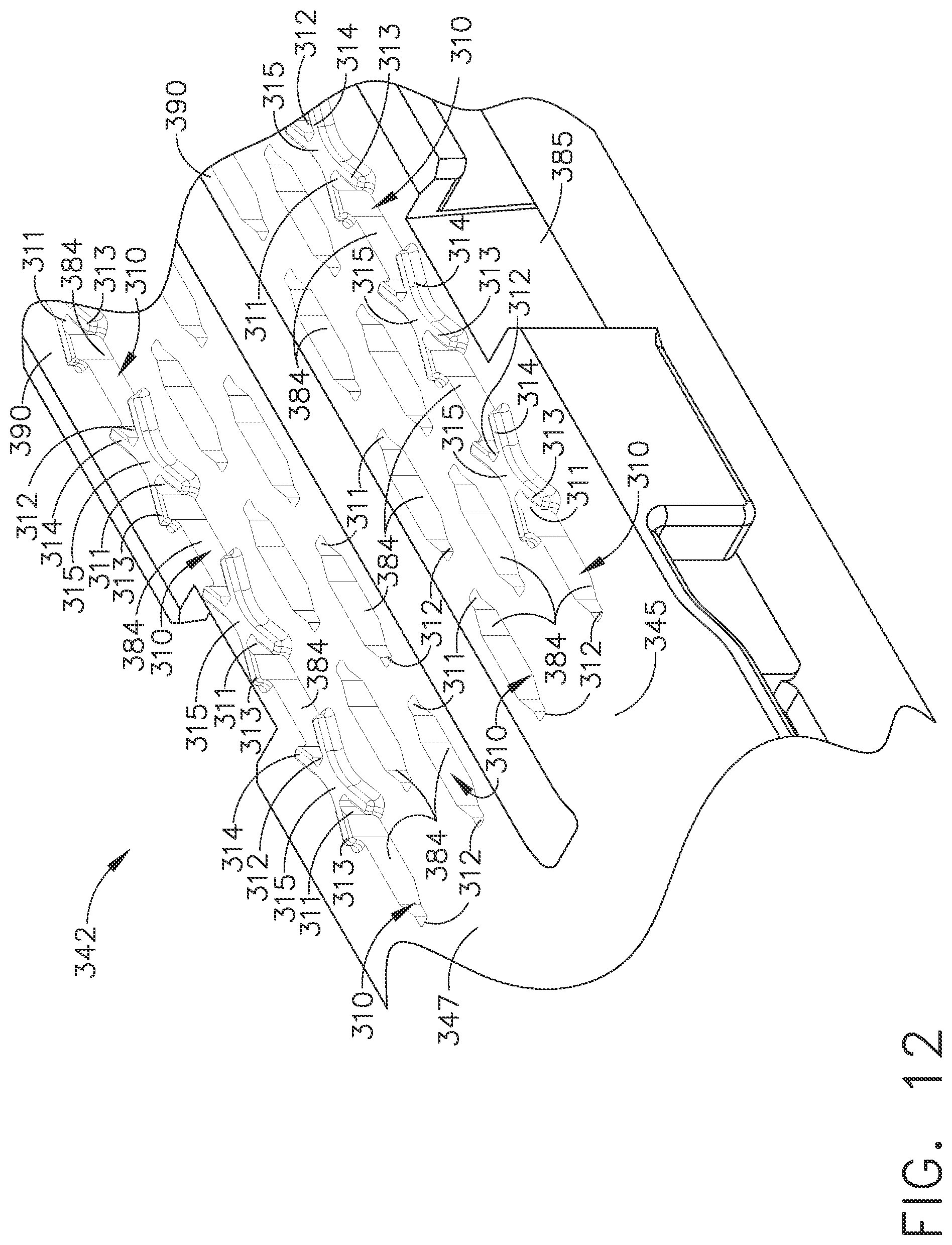 Patent US12324585 Figure 12 – Fastener cartridges including extensions having different configurations