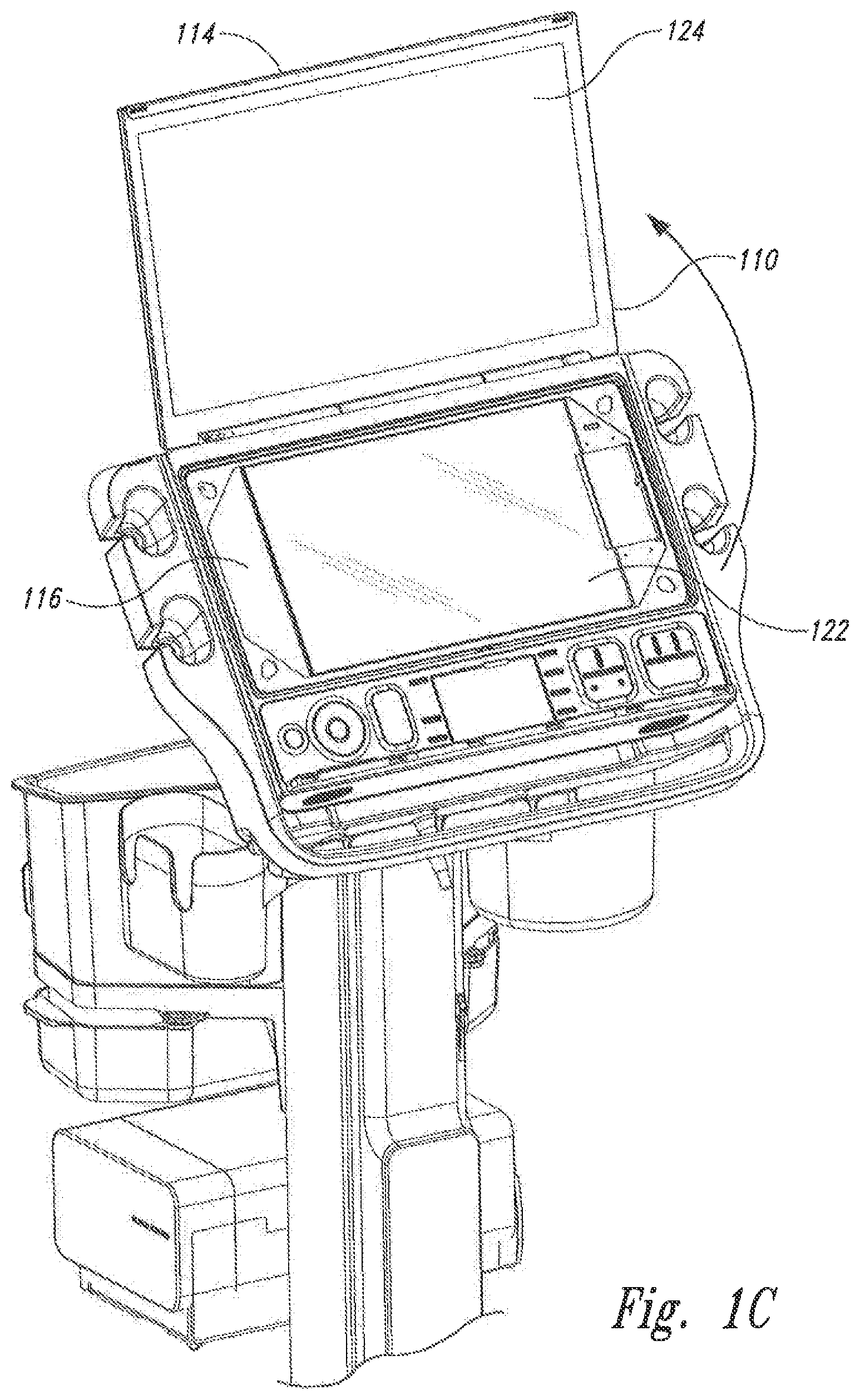 Patent US12324705 Figure 3 – Handle system for transport, dock retention and desktop positioning of a portable medical device