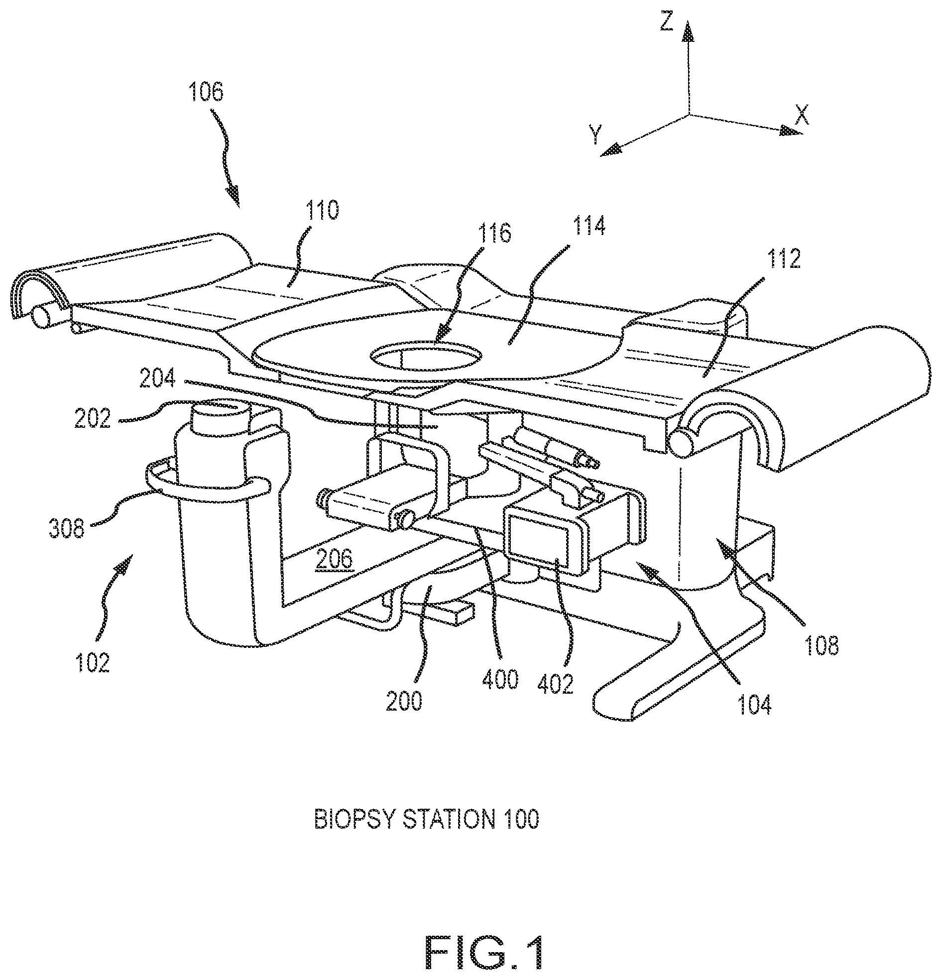 Patent US12324707 Figure 1 – Tomosynthesis-guided biopsy in prone