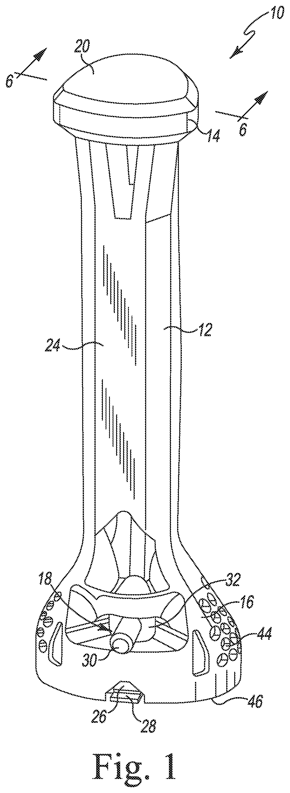 Patent US12324749 Figure 1 – Impaction handle for implanting a tibial tray of an orthopaedic knee prosthesis and associated method of making the same