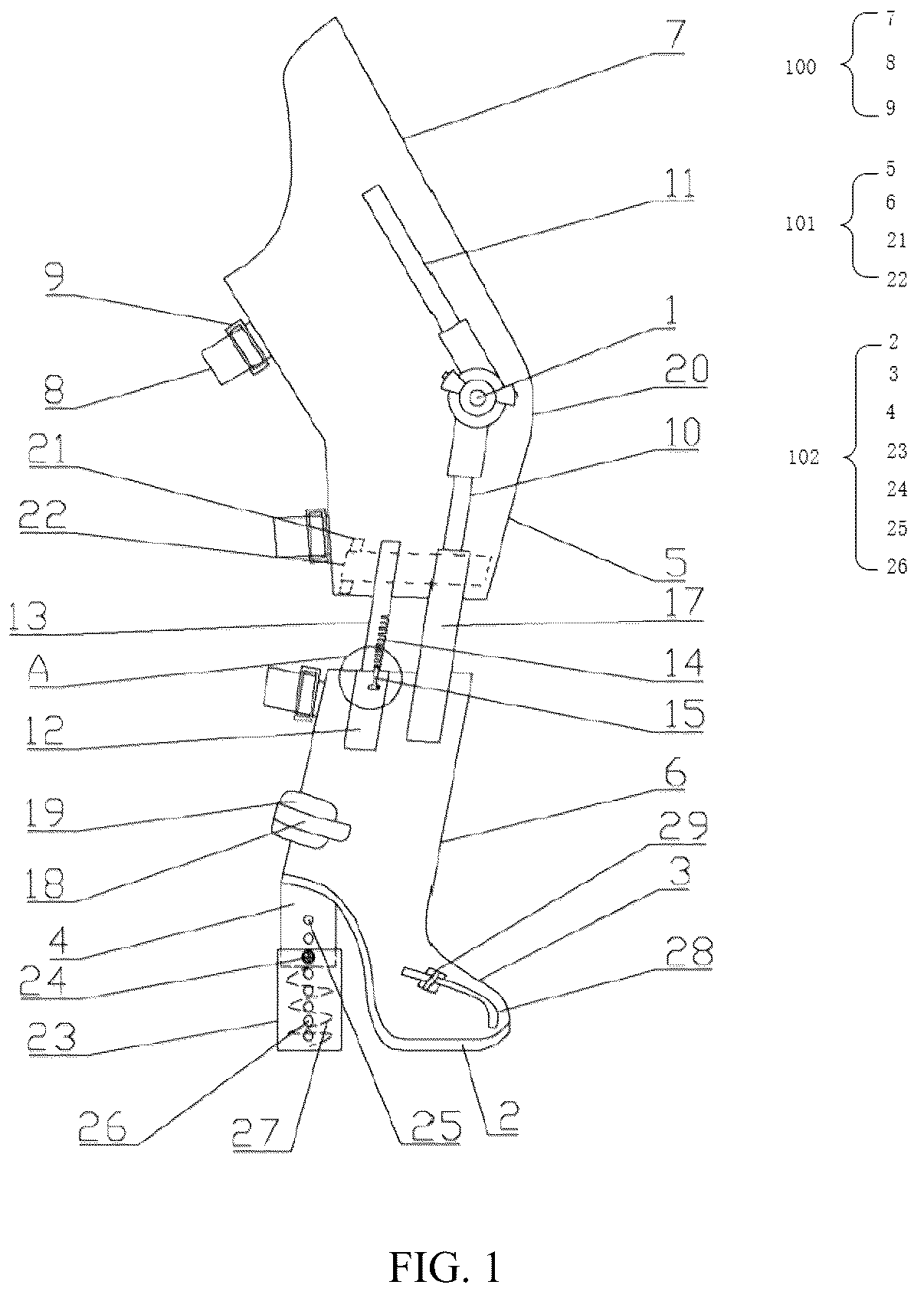 Patent US12324761 Figure 1 – Non-surgical length-adjustable reduction exercise therapy apparatus for rupture of anterior cruciate ligament or achilles tendon