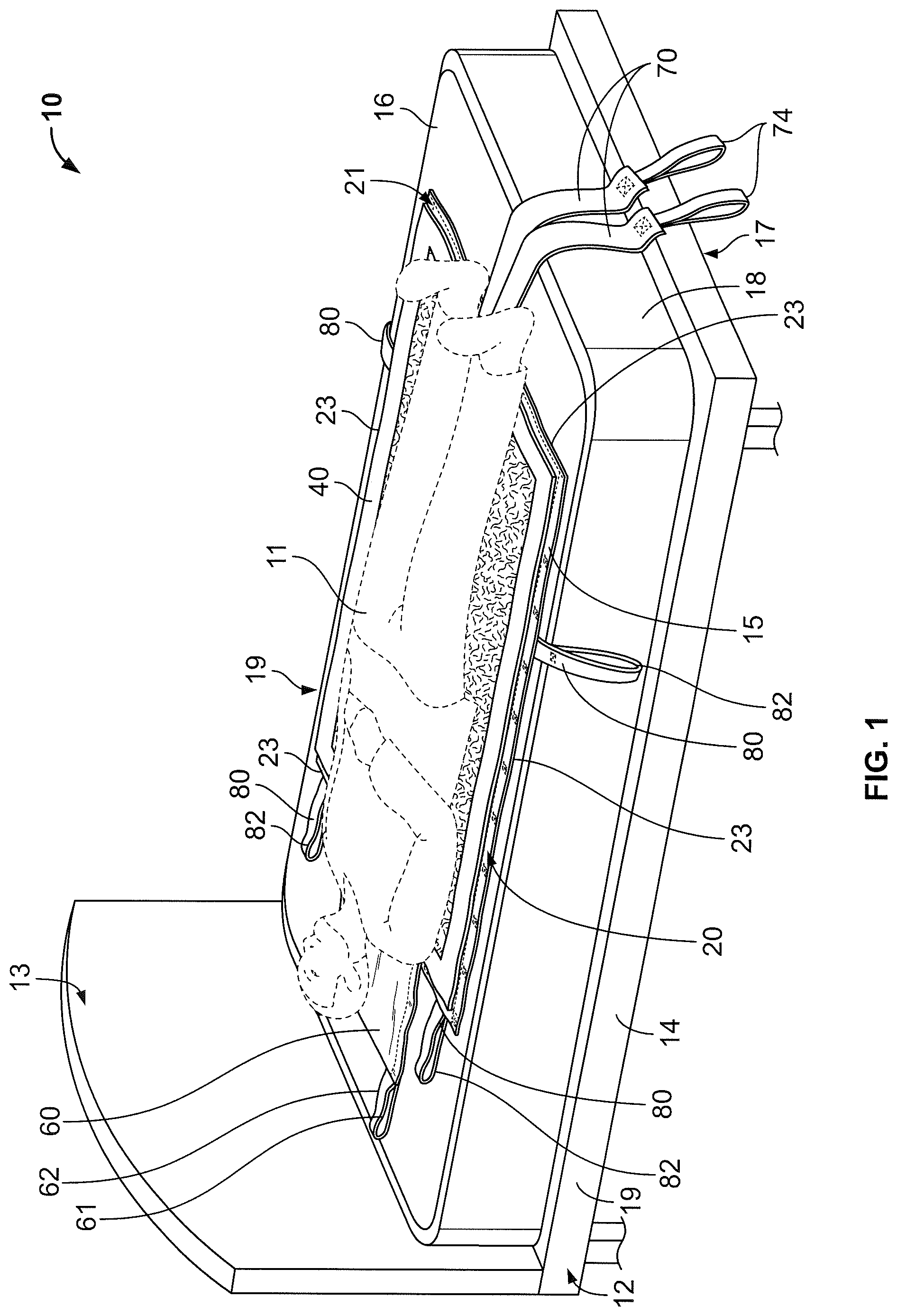 Patent US12324778 Figure 1 – Apparatus and system for lifting, moving, turning, and positioning a patient