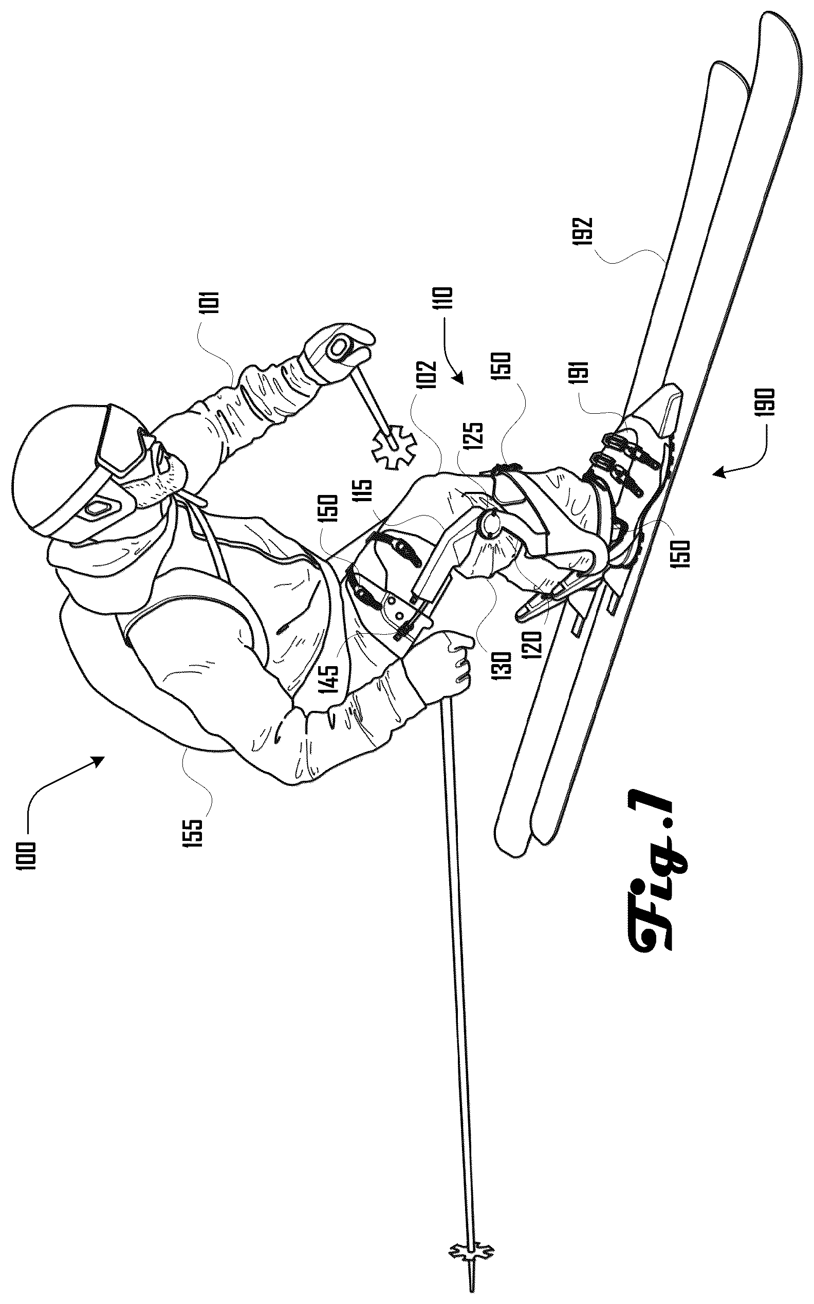 Patent US12324780 Figure 1 – Powered device to benefit a wearer during skiing