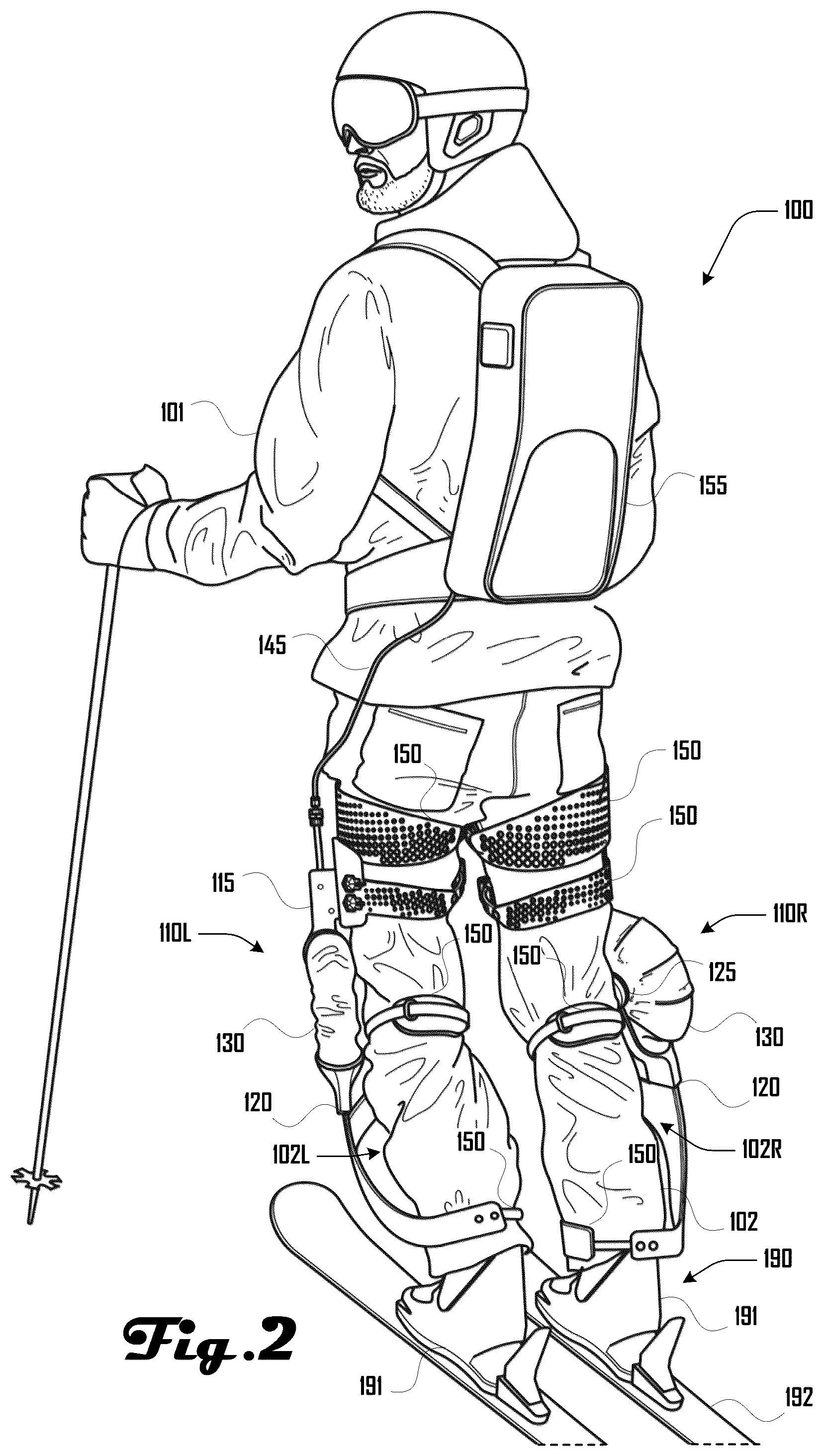 Patent US12324780 Figure 2 – Powered device to benefit a wearer during skiing