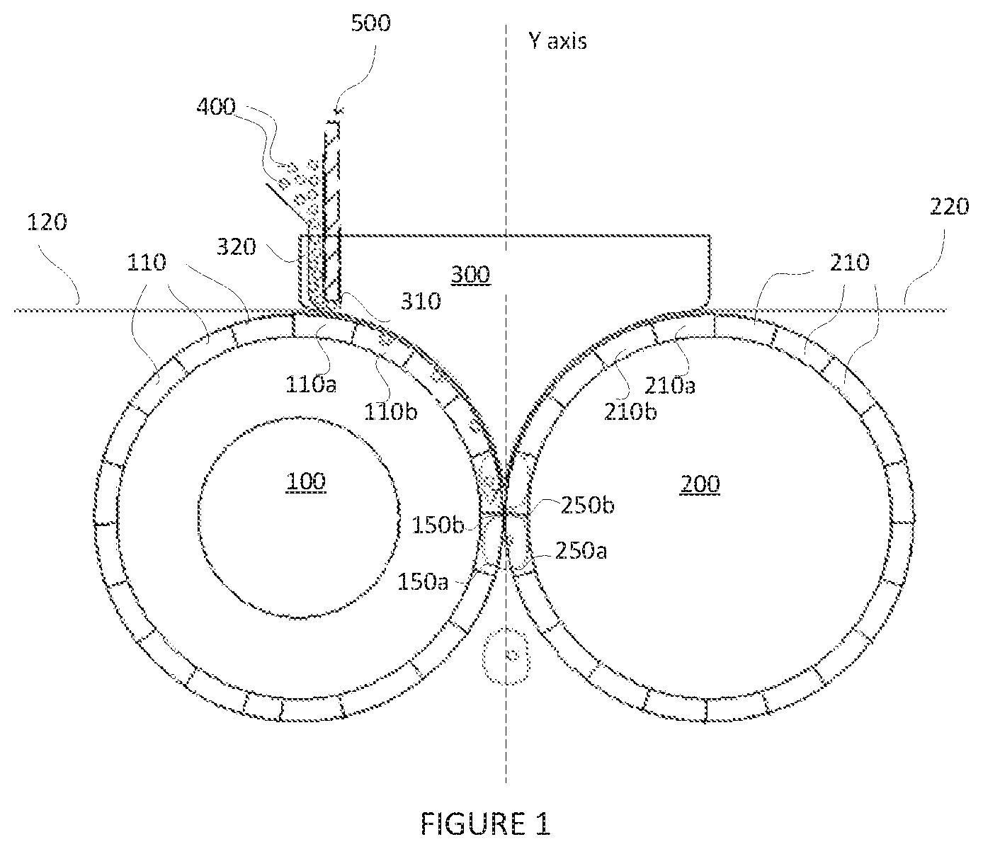 Patent US12324857 Figure 1 – Apparatus and process for secondary encapsulation of solid inclusions using the rotary die process