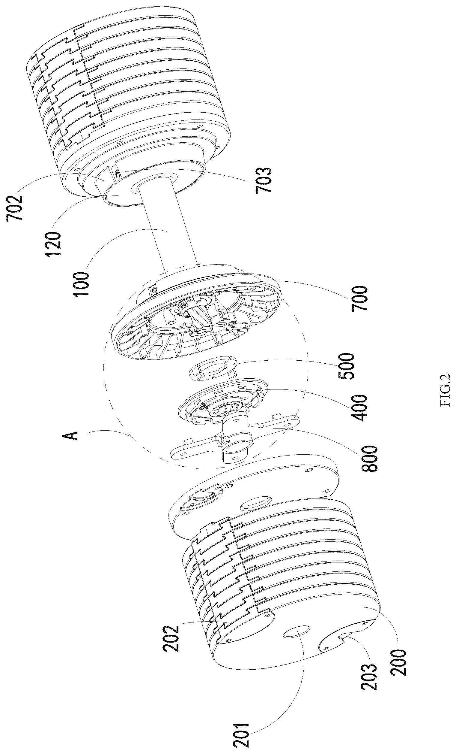 Patent US12324946 Figure 2 – Fast adjustable dumbbell
