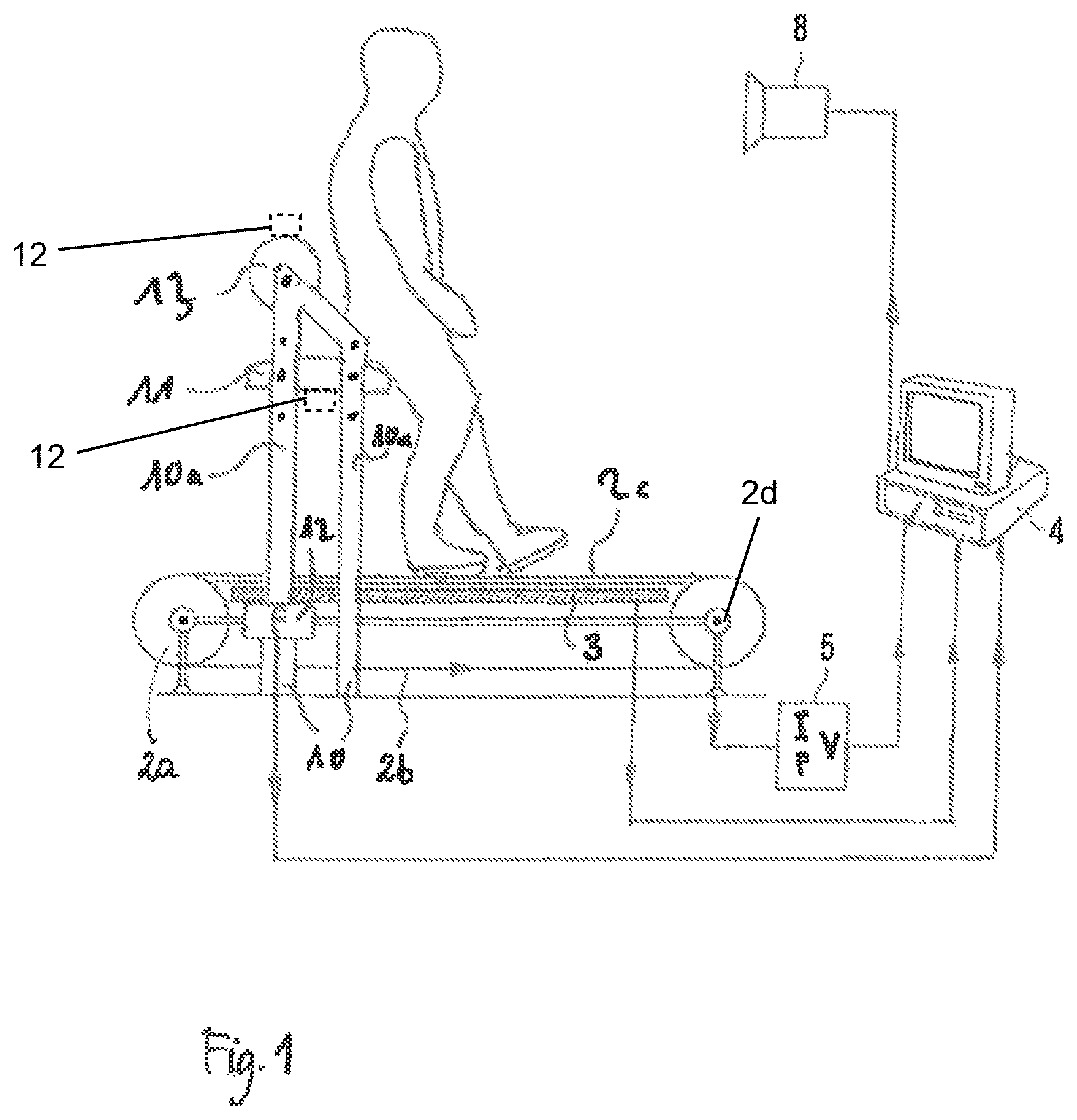 Patent US12324953 Figure 1 – Treadmill arrangement with motion-adaptive virtual running environment