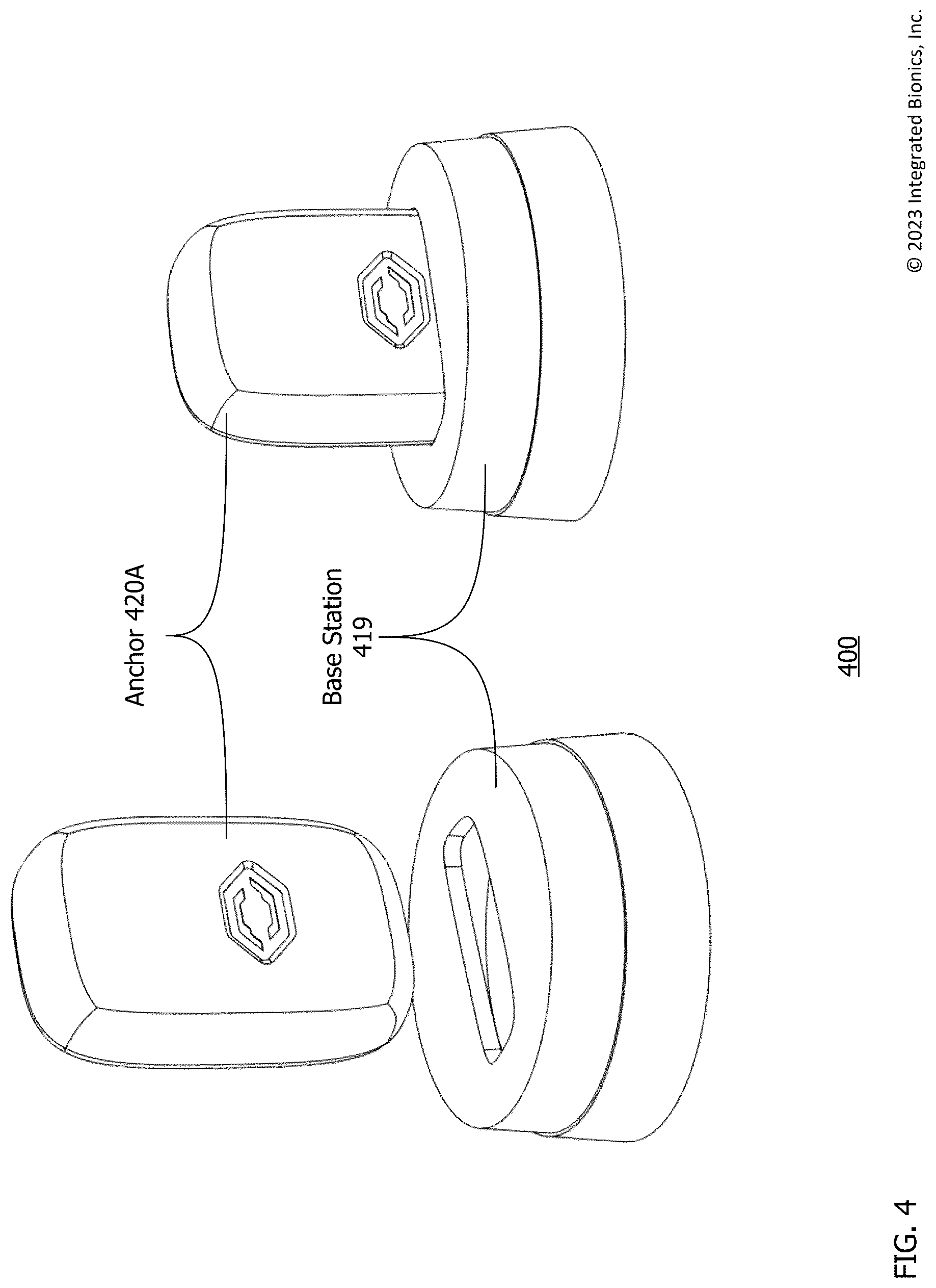 Patent US12324960 Figure 4 – Local positioning system using two-way ranging