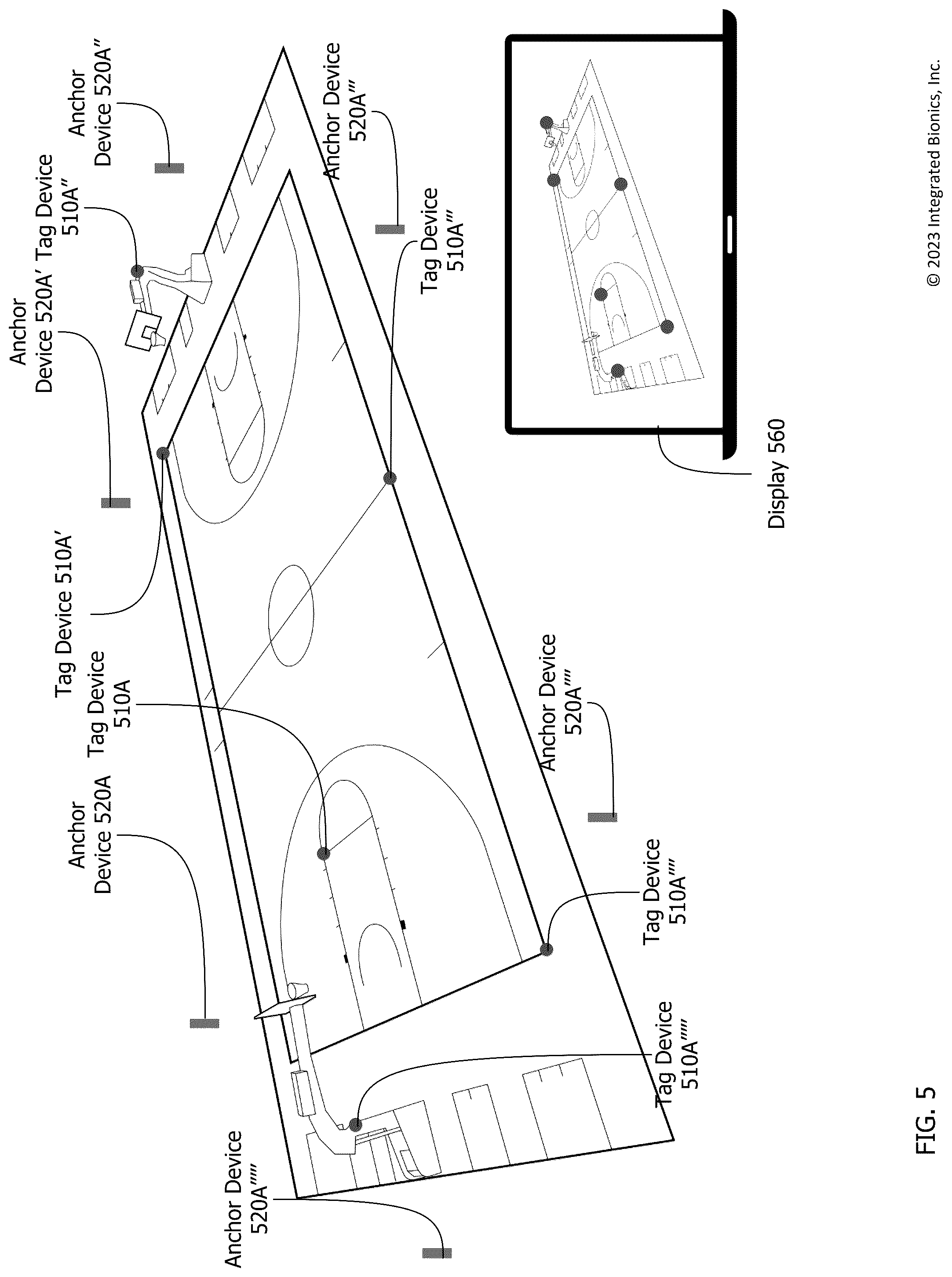 Patent US12324960 Figure 5 – Local positioning system using two-way ranging