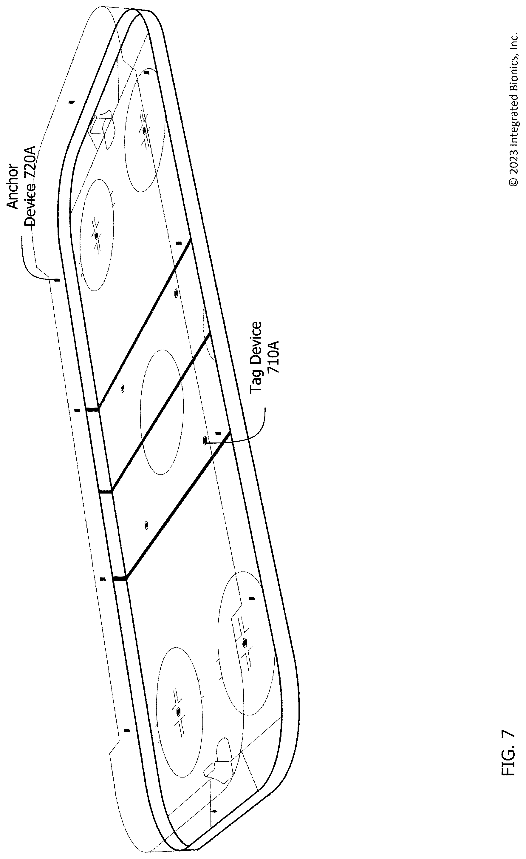 Patent US12324960 Figure 7 – Local positioning system using two-way ranging