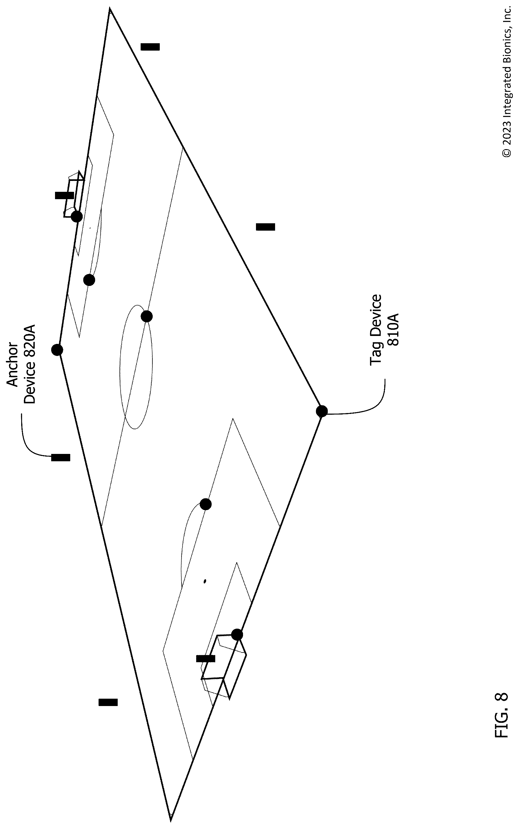 Patent US12324960 Figure 8 – Local positioning system using two-way ranging
