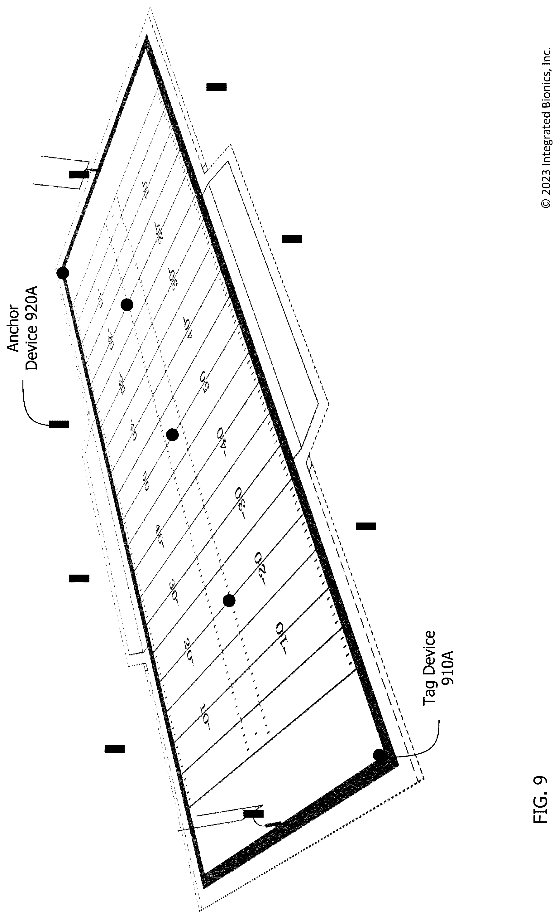 Patent US12324960 Figure 9 – Local positioning system using two-way ranging