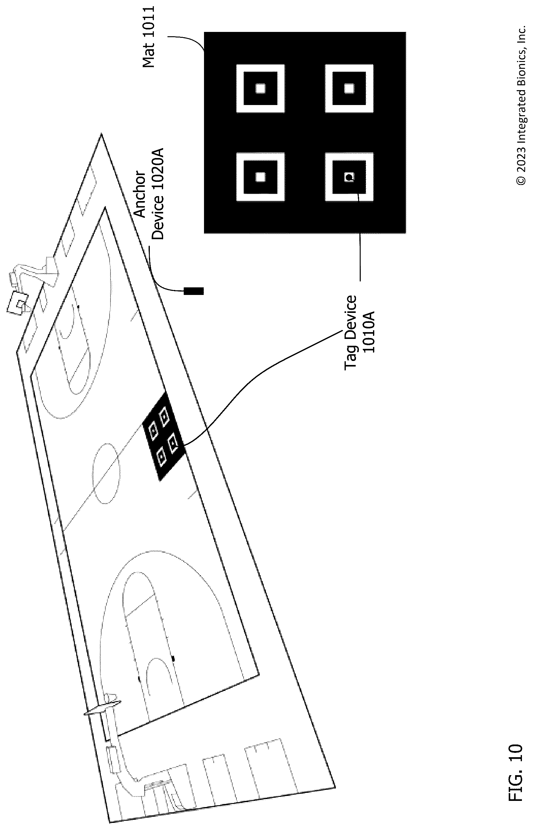 Patent US12324960 Figure 10 – Local positioning system using two-way ranging