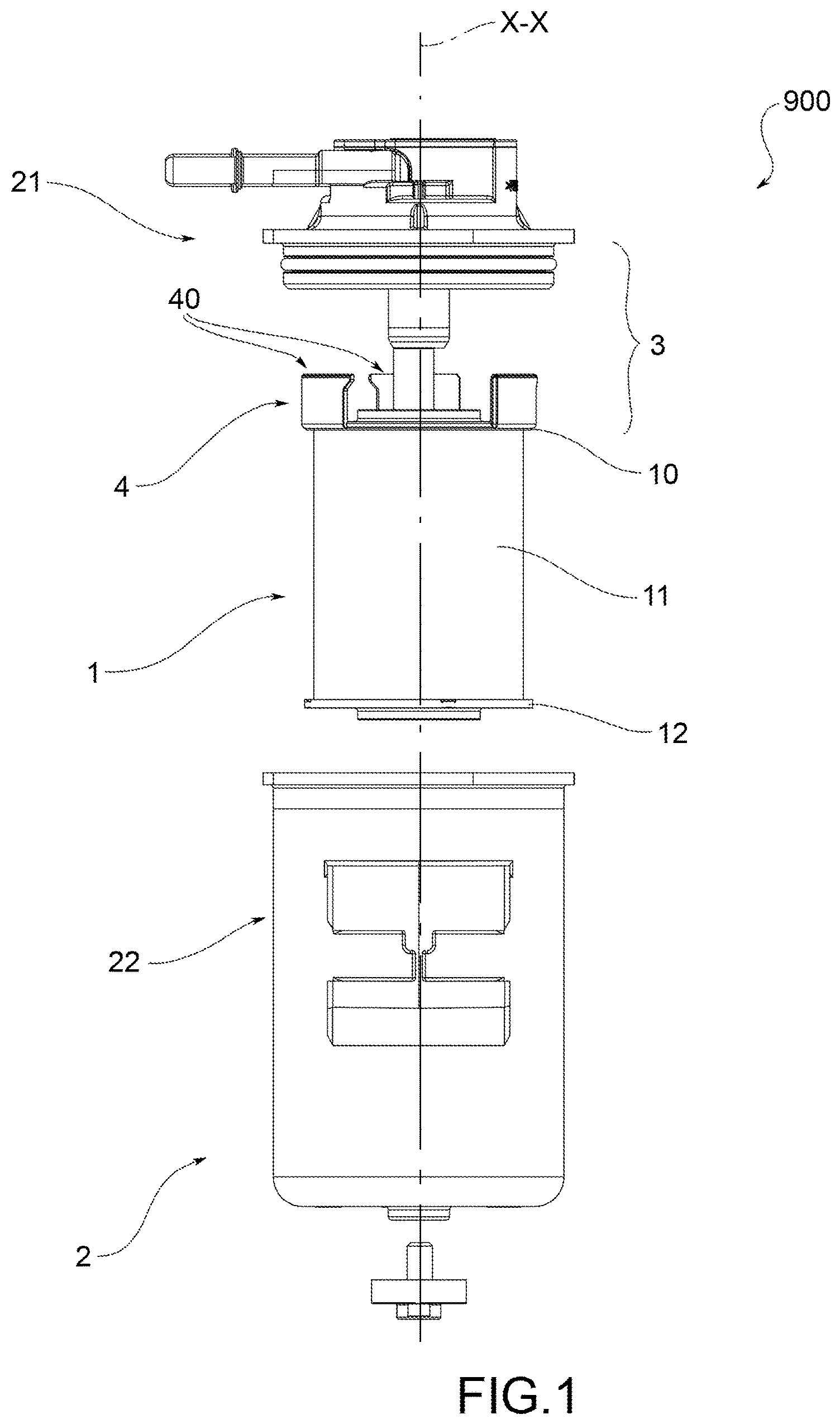 Patent US12324996 Figure 1 – Filtration assembly including a filtering cartridge and a filter body