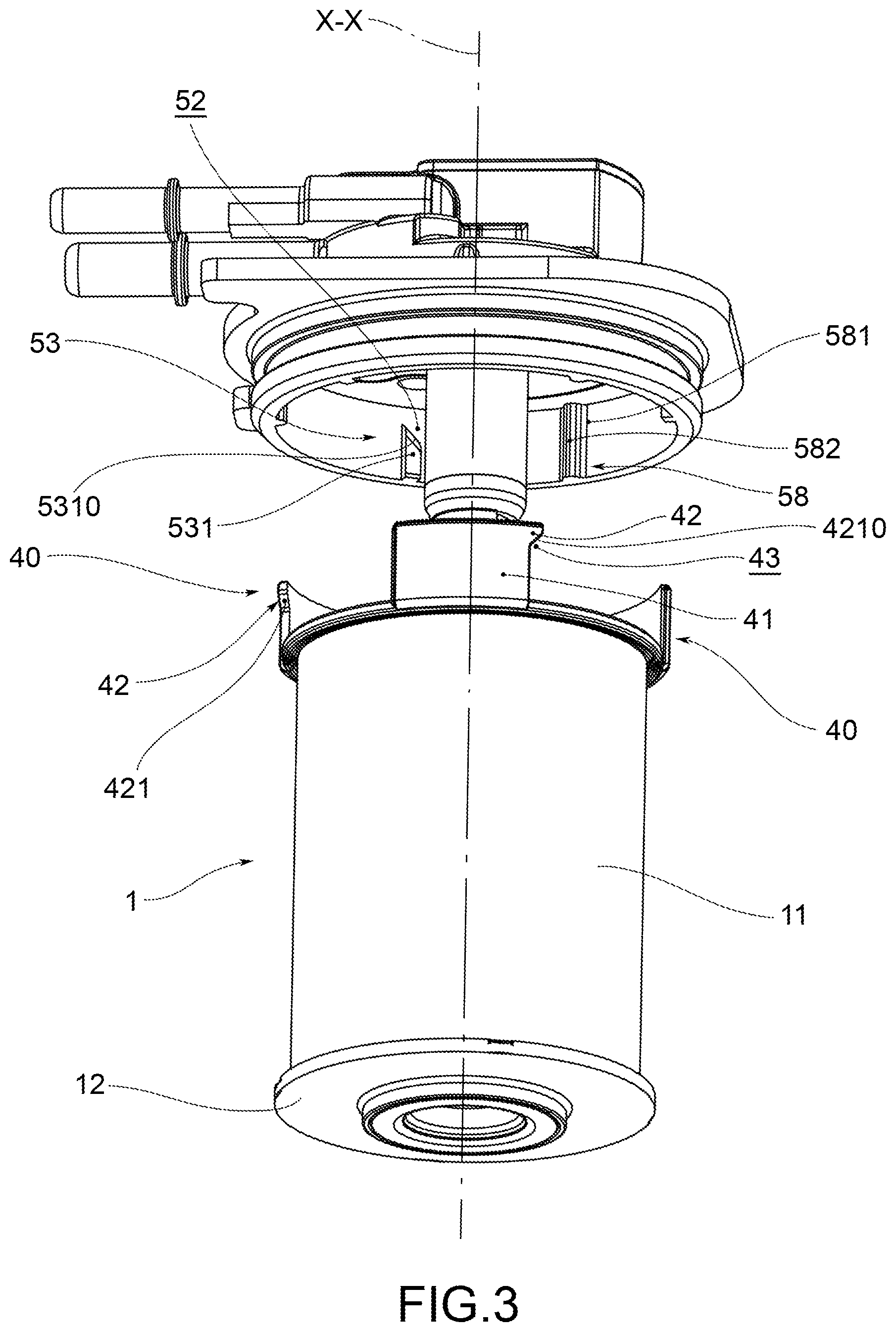 Patent US12324996 Figure 5 – Filtration assembly including a filtering cartridge and a filter body