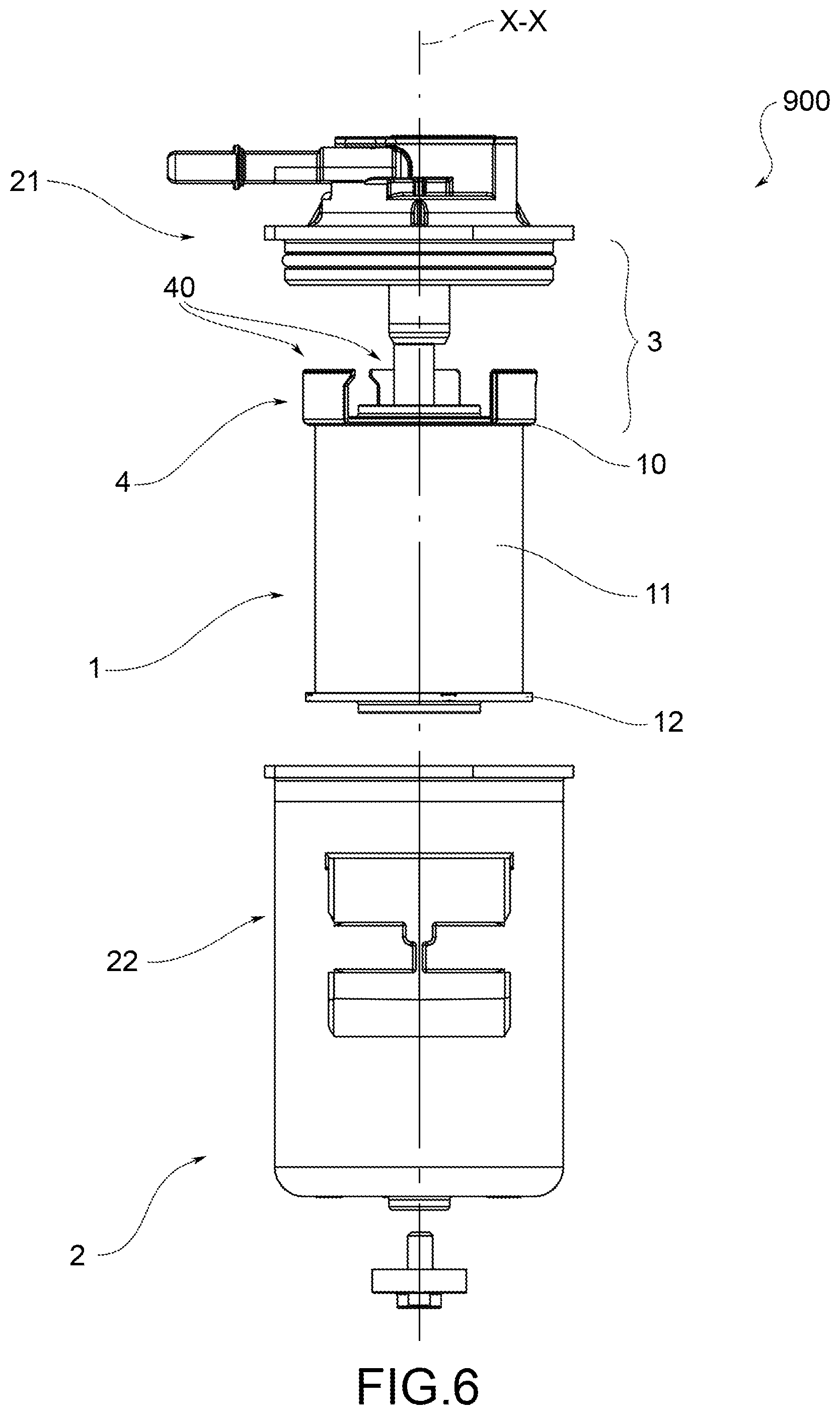 Patent US12324996 Figure 7 – Filtration assembly including a filtering cartridge and a filter body