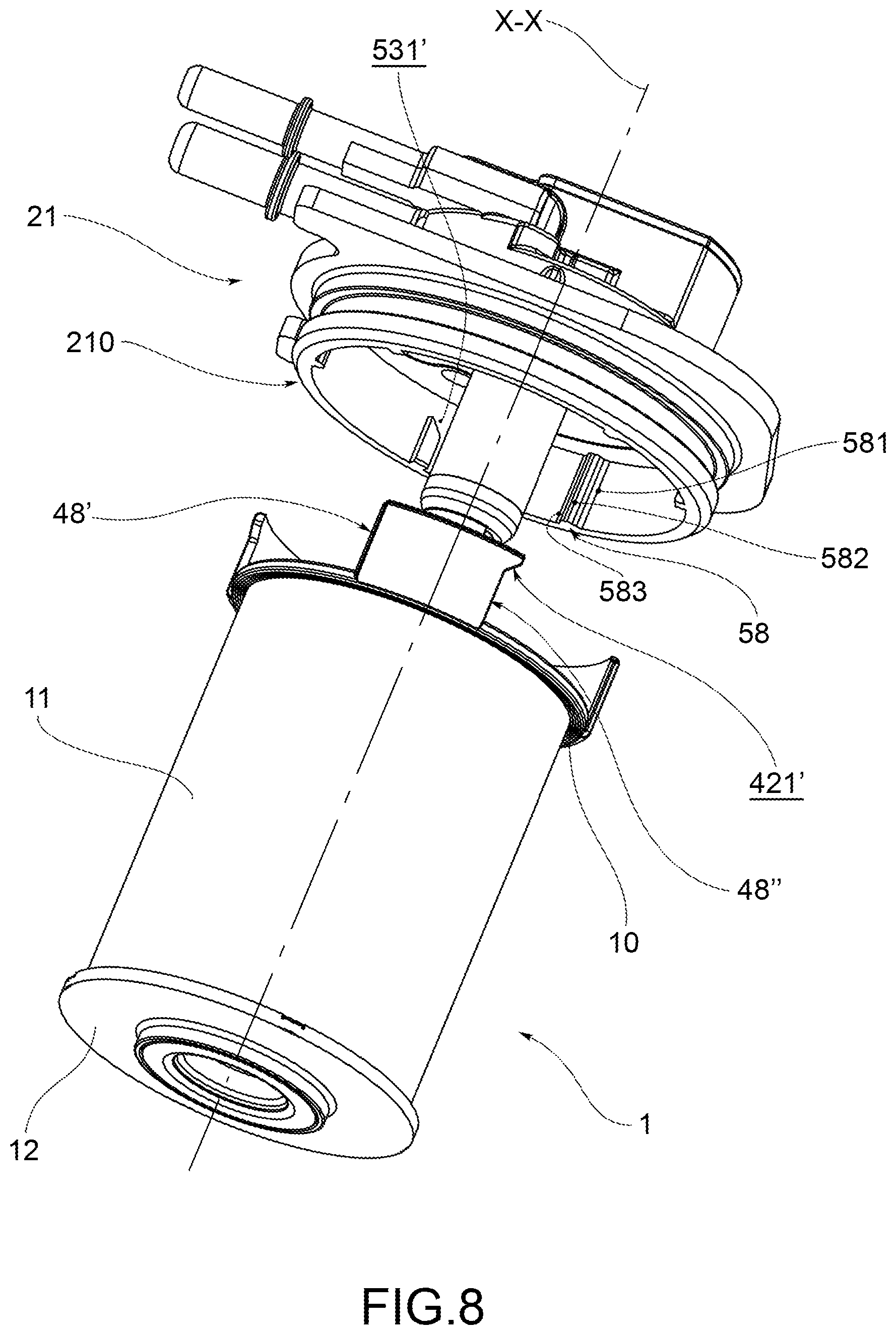 Patent US12324996 Figure 11 – Filtration assembly including a filtering cartridge and a filter body