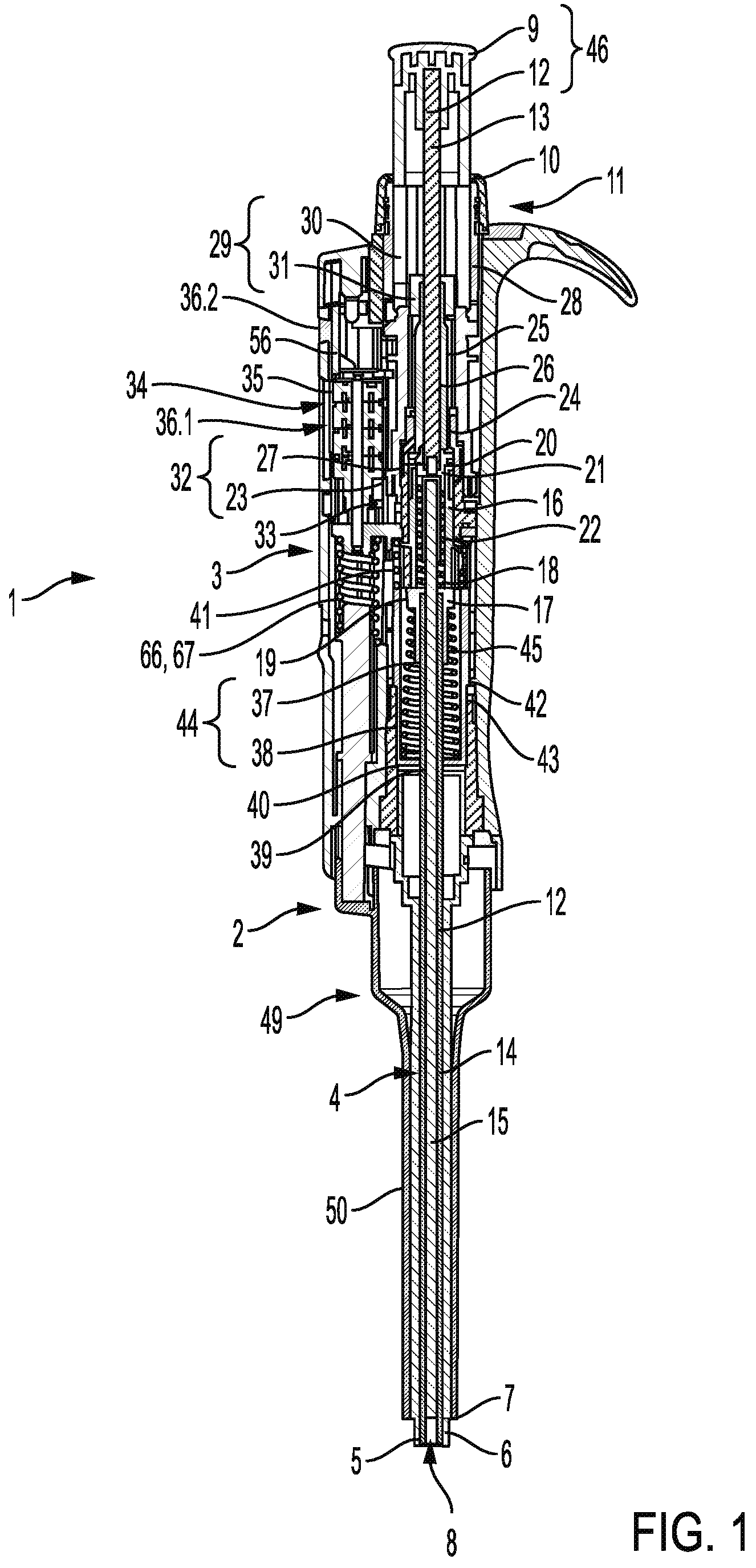 Patent US12325018 Figure 1 – Pipette for use with a pipette tip and pipette tip line comprising several pipette tips of different types for use with a pipette