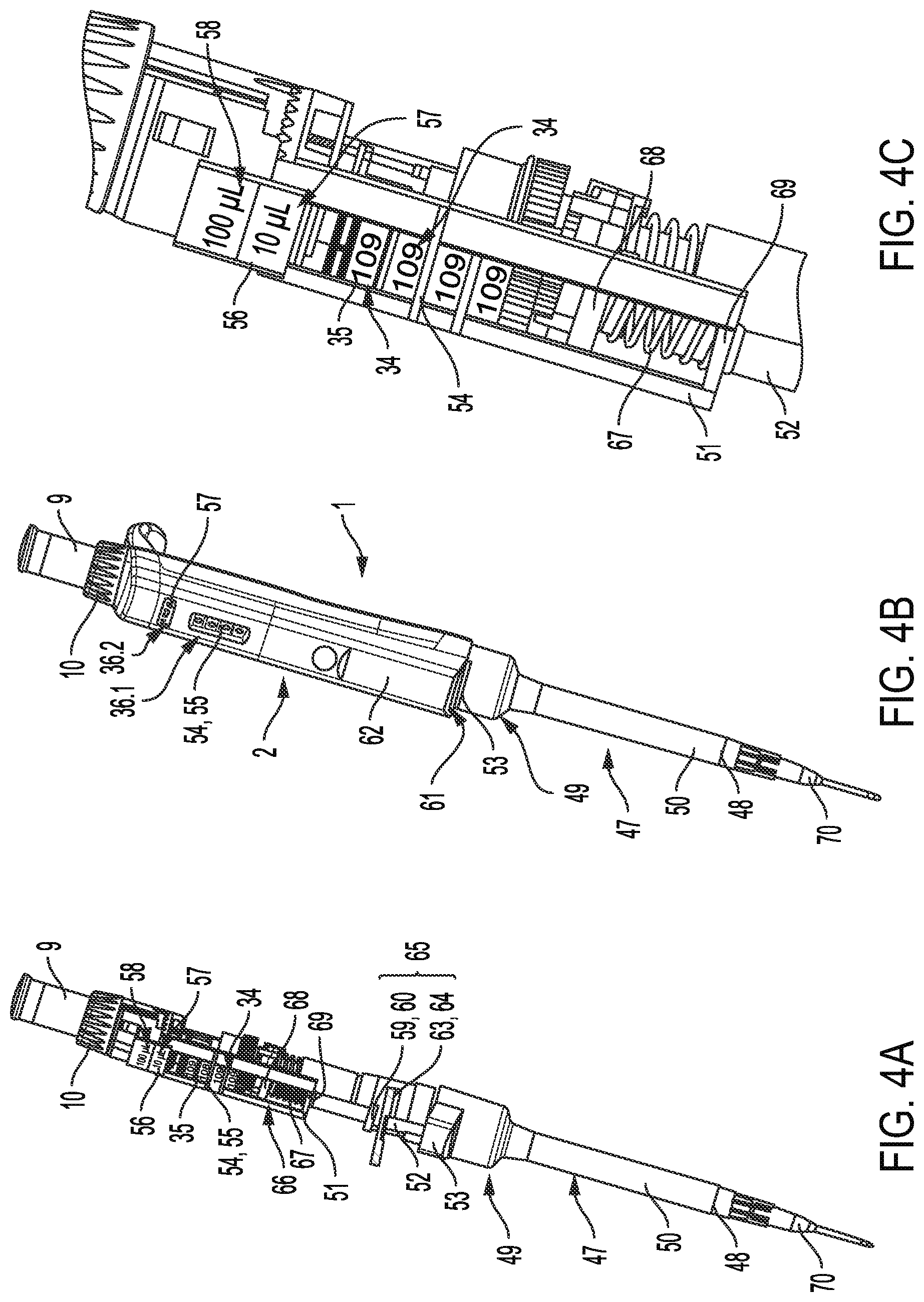 Patent US12325018 Figure 4 – Pipette for use with a pipette tip and pipette tip line comprising several pipette tips of different types for use with a pipette