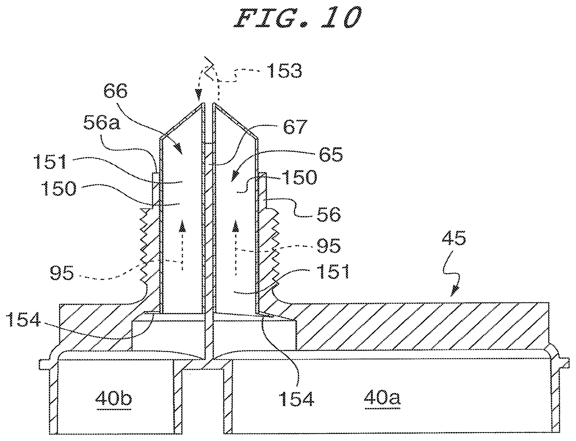 Patent US12325042 Figure 13 – Common head having an offset partition for use with multi-component dispensing tools and a tubular liner arranged for locating within the common head