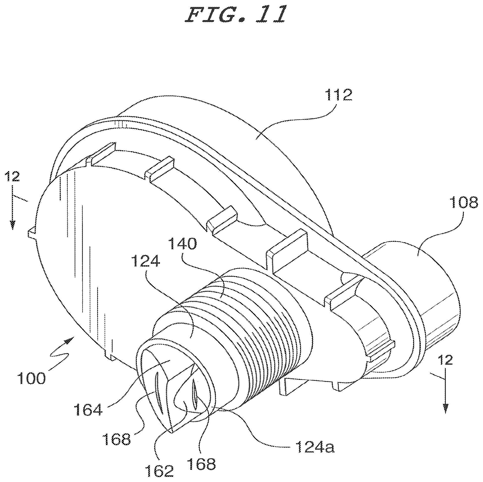 Patent US12325042 Figure 14 – Common head having an offset partition for use with multi-component dispensing tools and a tubular liner arranged for locating within the common head