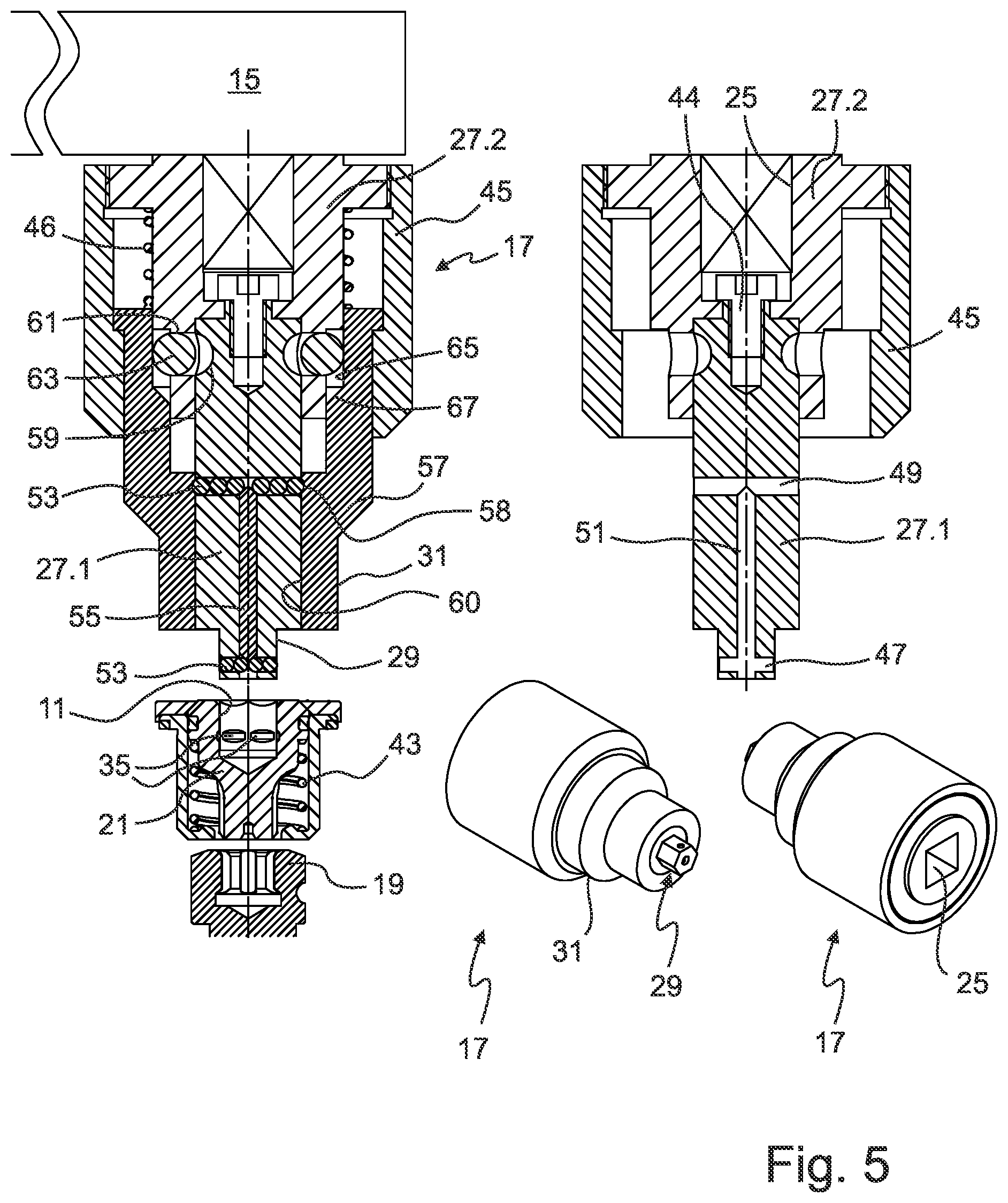 Patent US12325076 Figure 5 – Operating key for stationary and driven tool holders