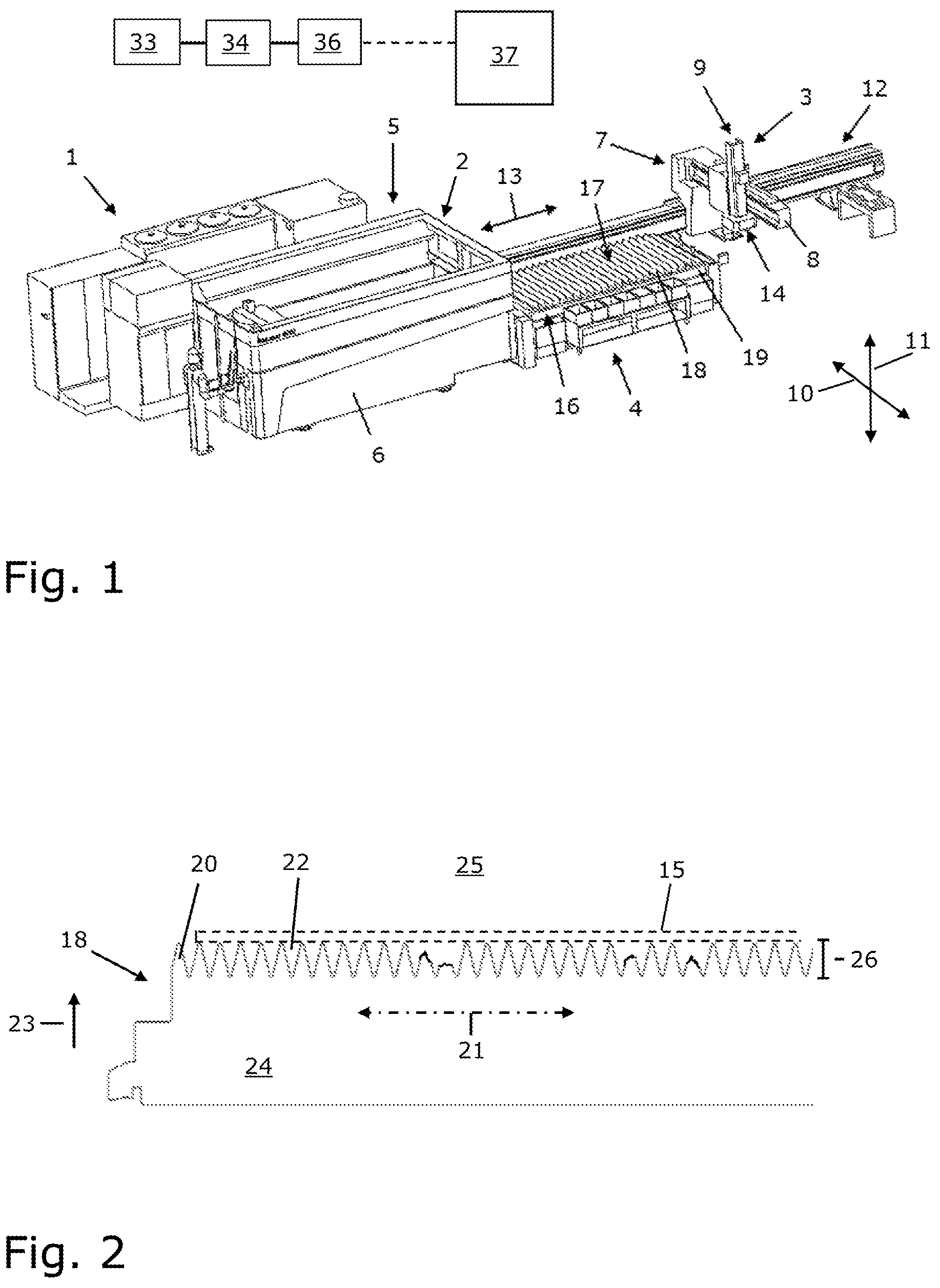 Patent US12325092 Figure 1 – Method and device for determining an actual state of supporting bars of a workpiece support, and machine tool having a device of this type