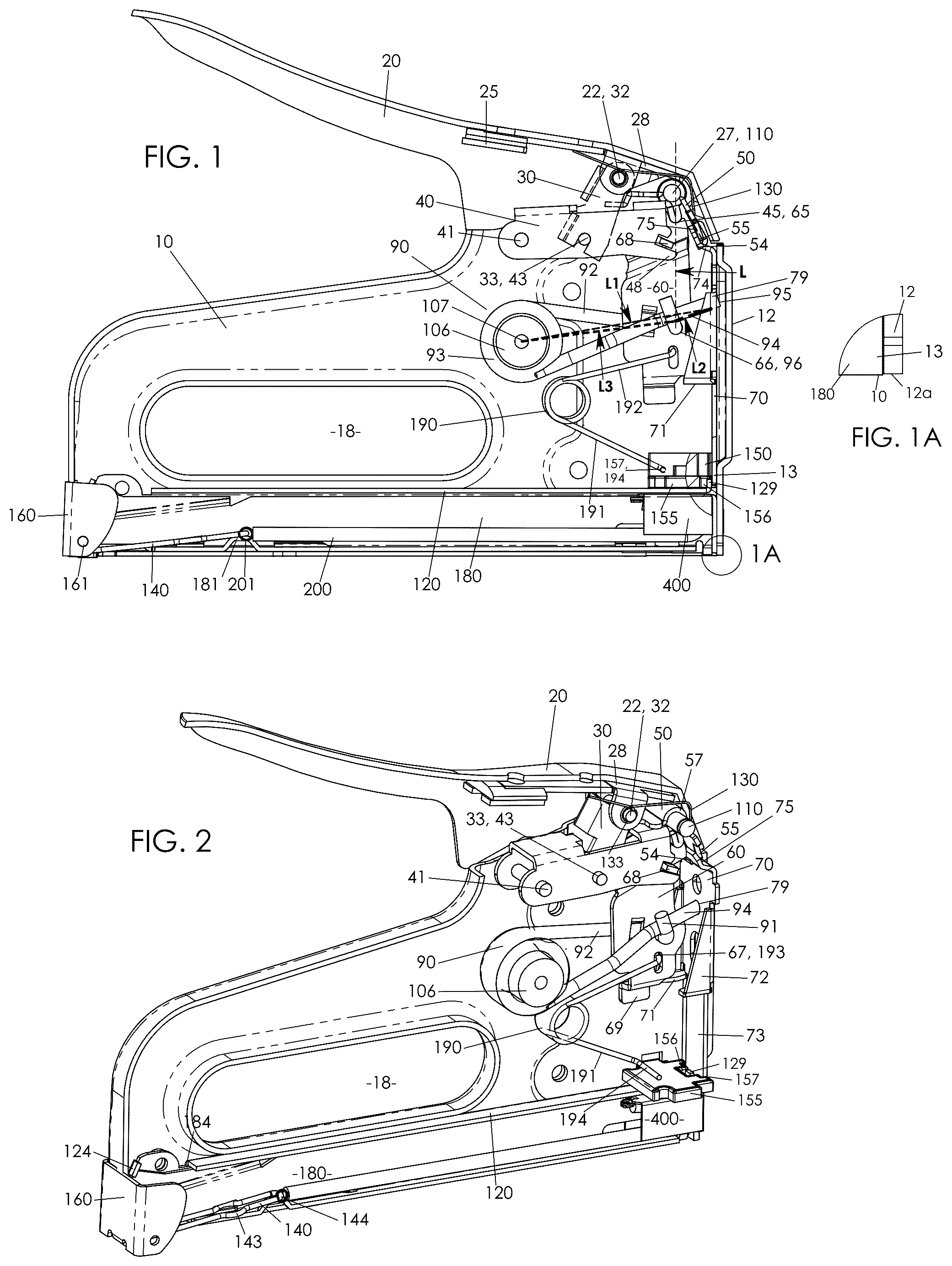 Patent US12325115 Figure 1 – High efficiency torsion spring tacker