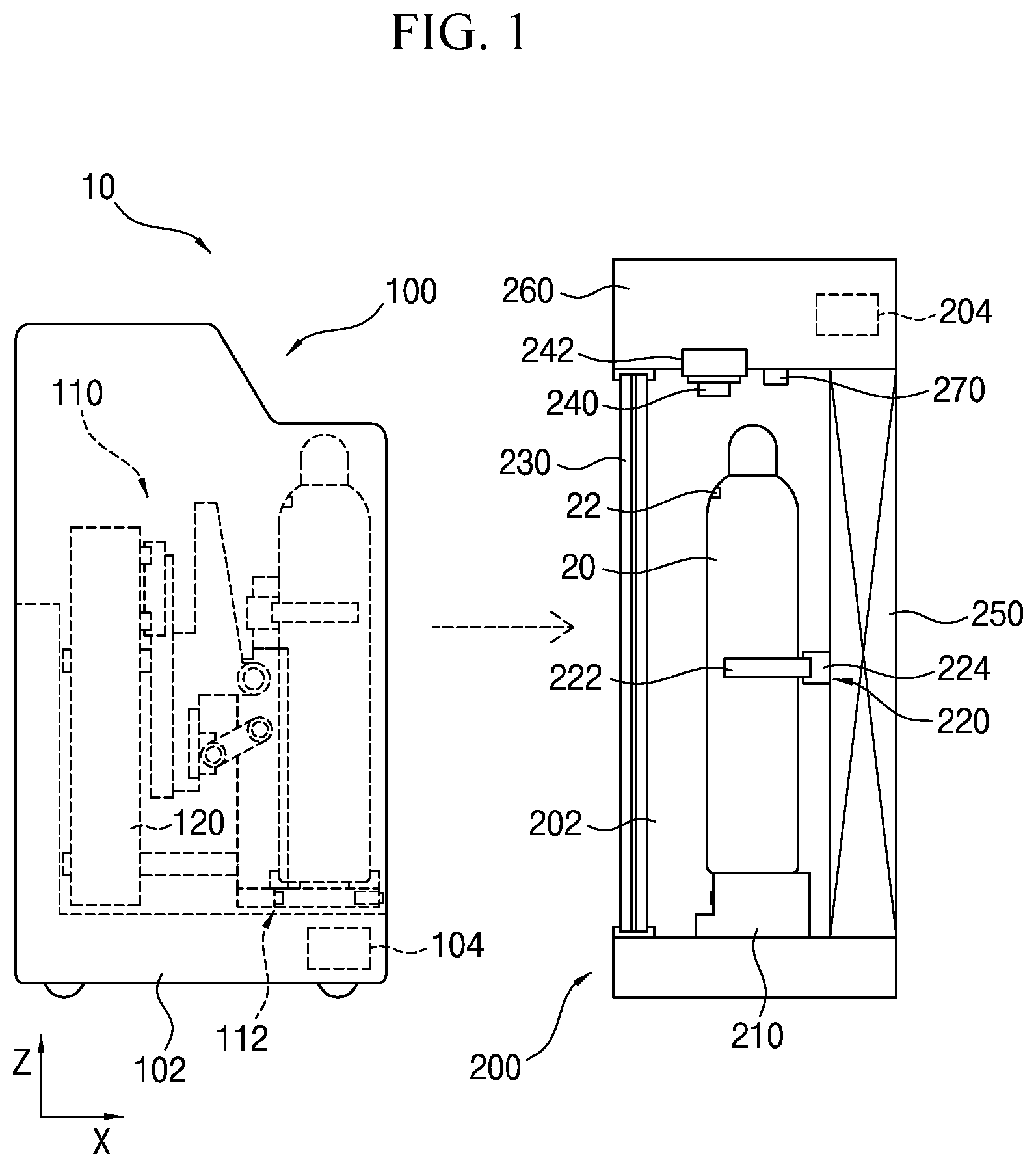 Patent US12325120 Figure 1 – Gas cylinder transfer apparatus and gas cylinder logistics system including the same