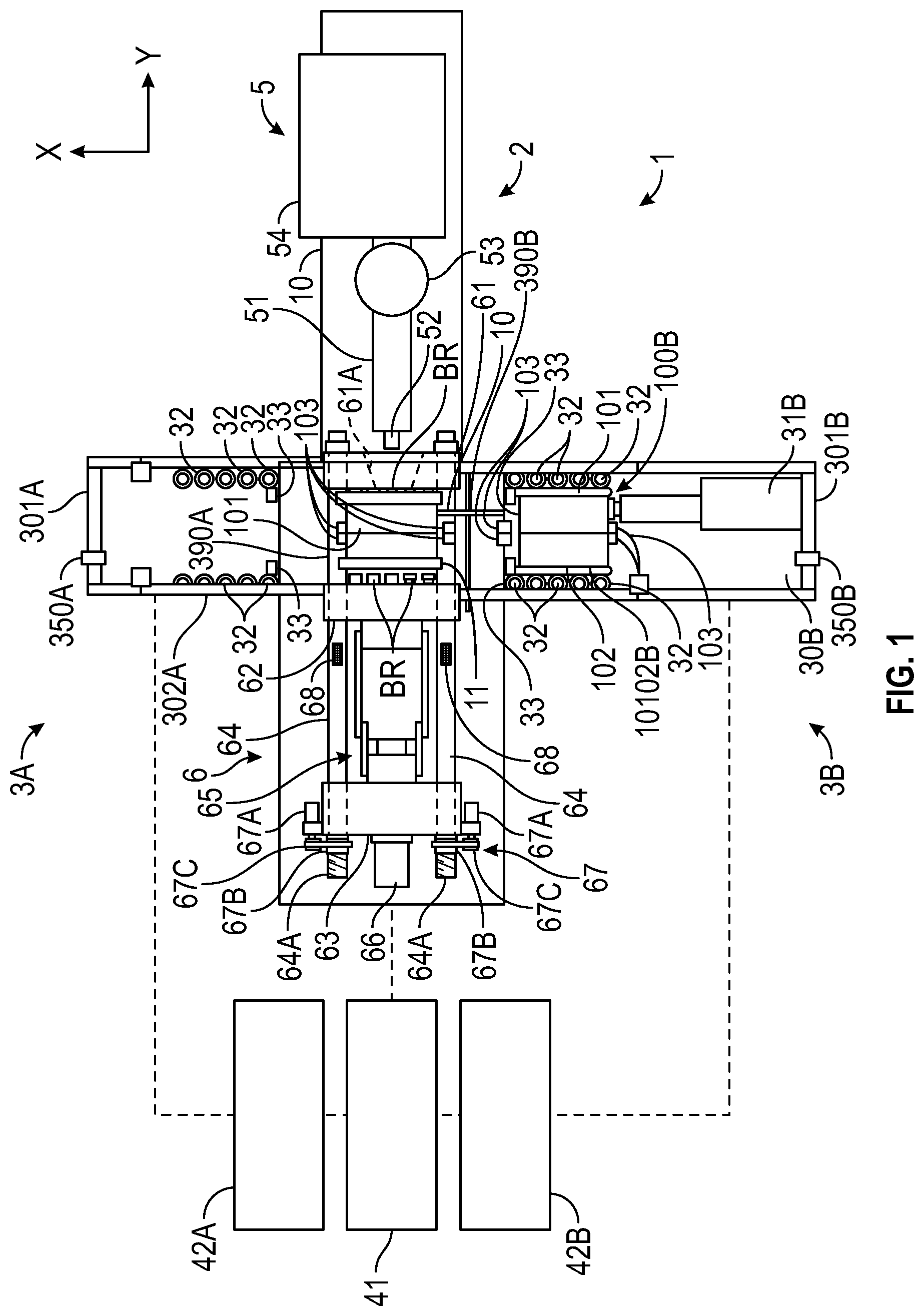 Patent US12325162 Figure 1 – Injection molding system with conveyor devices to insert or eject molds