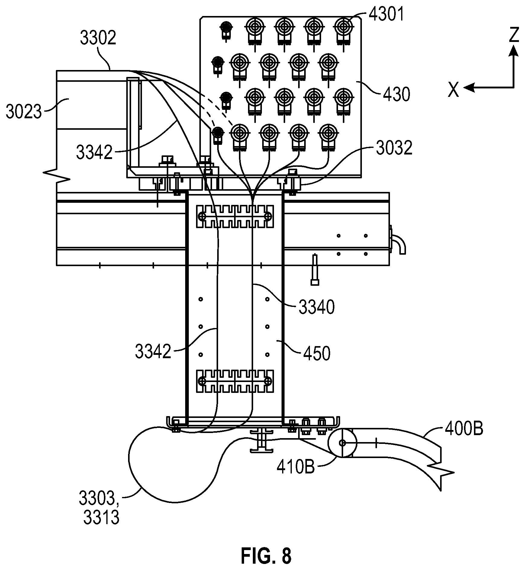 Patent US12325162 Figure 8 – Injection molding system with conveyor devices to insert or eject molds