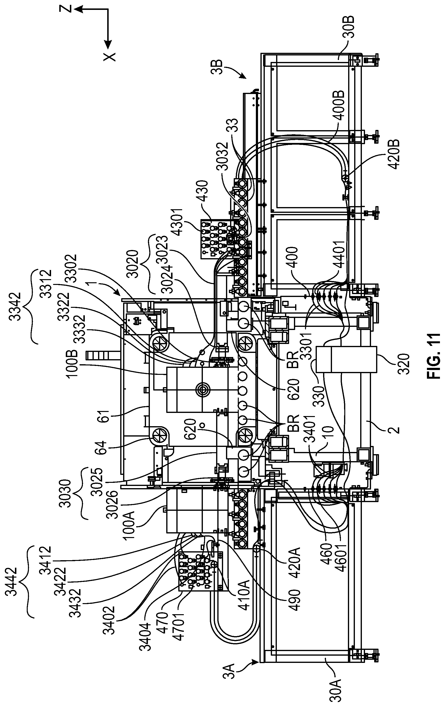 Patent US12325162 Figure 11 – Injection molding system with conveyor devices to insert or eject molds