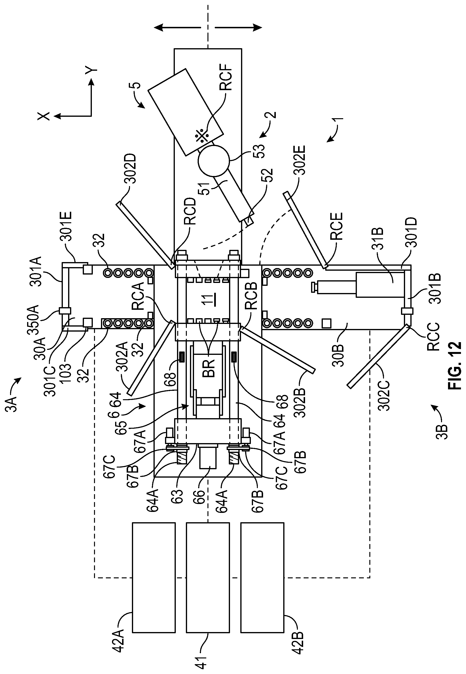 Patent US12325162 Figure 12 – Injection molding system with conveyor devices to insert or eject molds