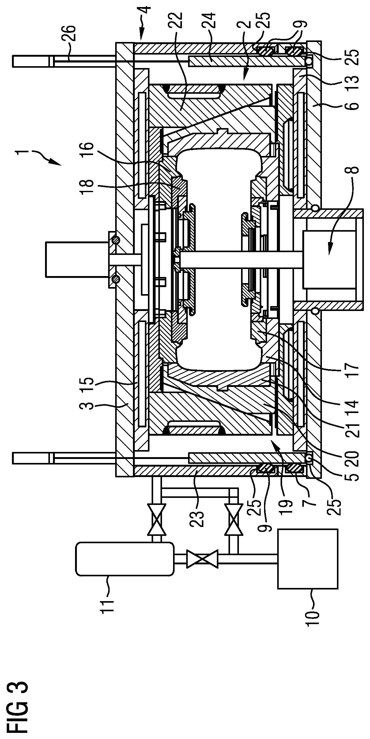 Patent US12325204 Figure 3 – Heating press and method for vulcanizing a vehicle tire in said heating press under vacuum