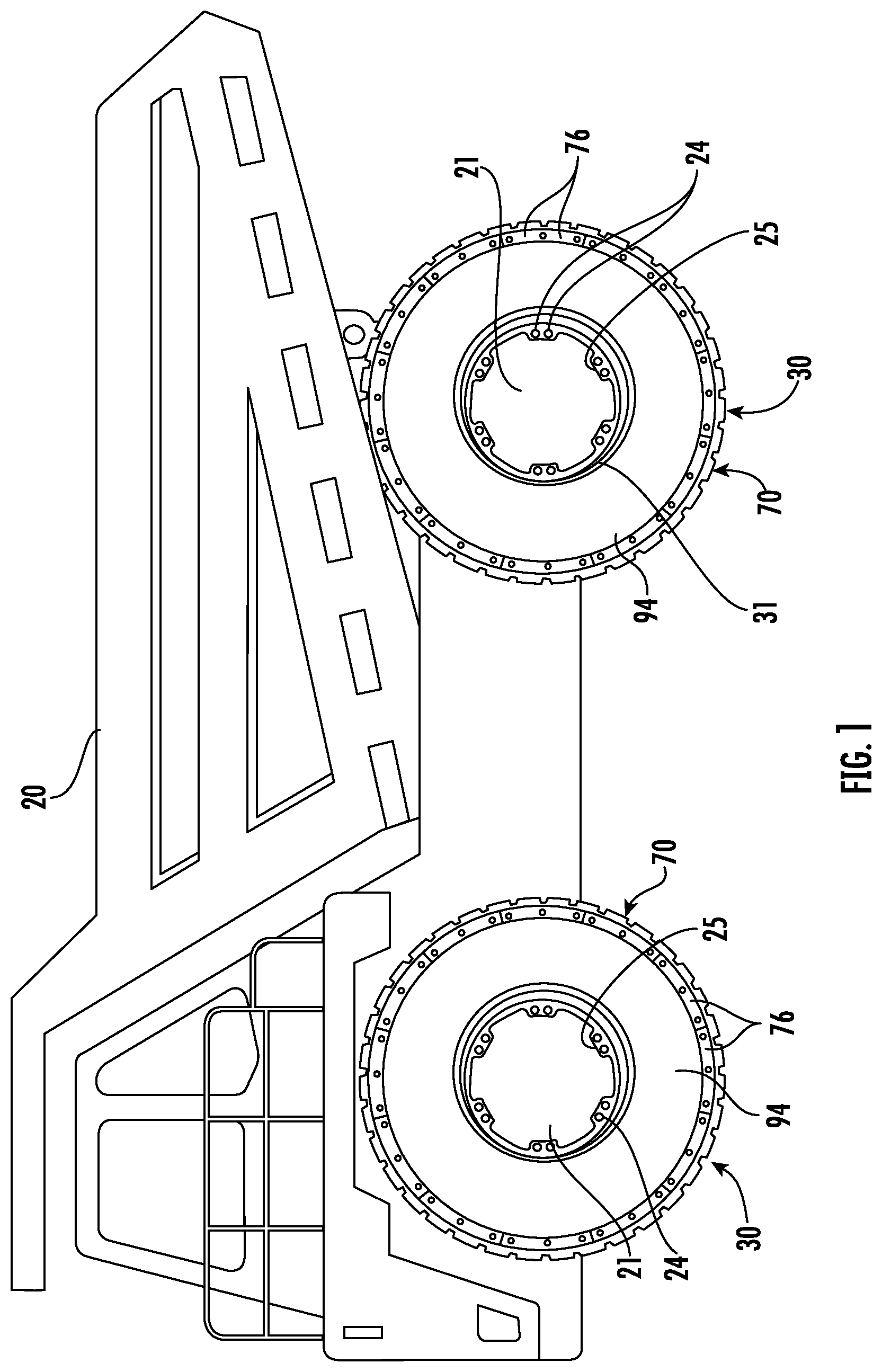 Patent US12325264 Figure 1 – Wheel assembly including inboard side outer rim coupled ring defining a mechanical stop and related methods