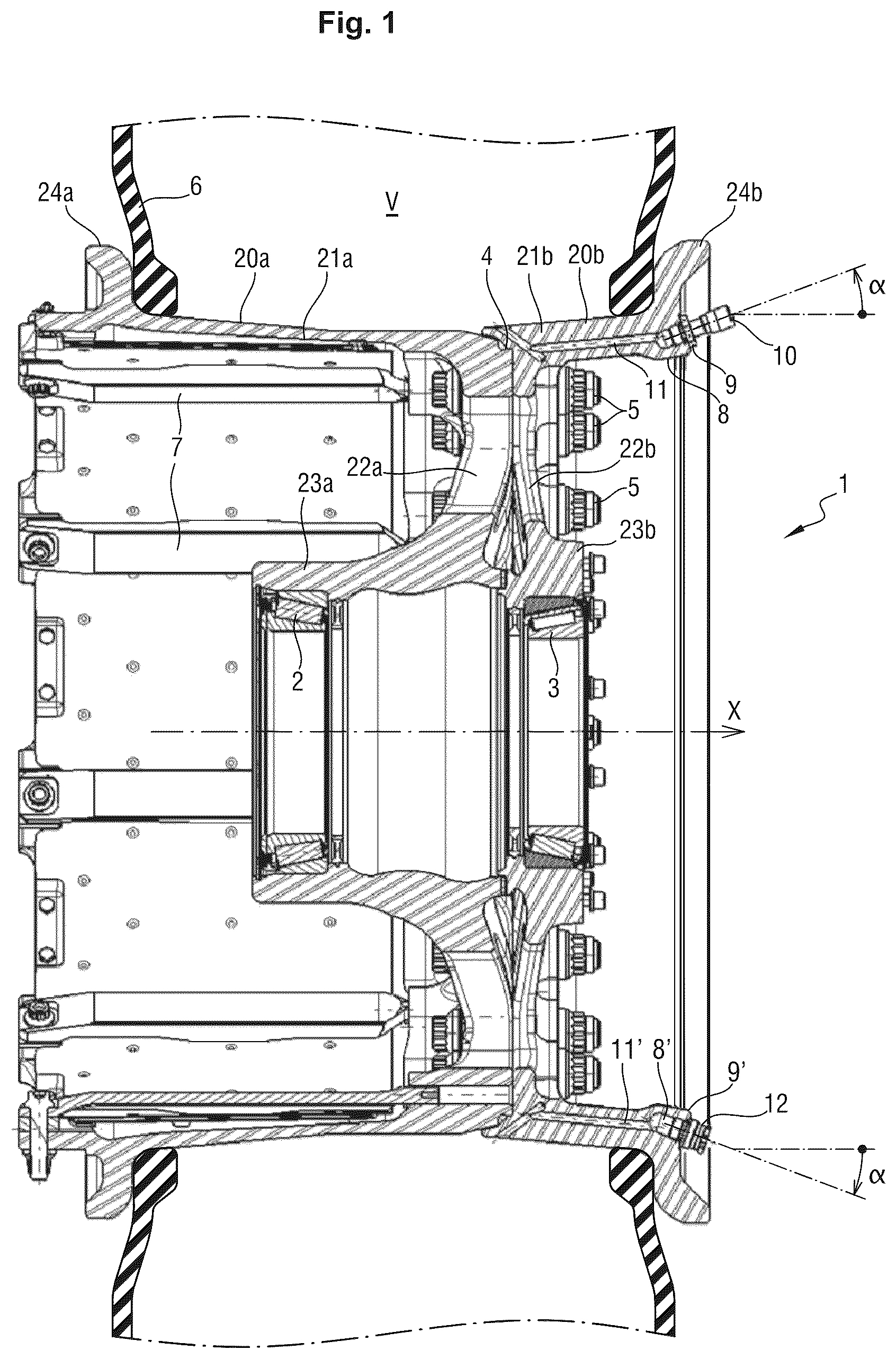 Patent US12325267 Figure 1 – Wheel comprising an internal inflation channel, landing gear and an aircraft comprising such a wheel