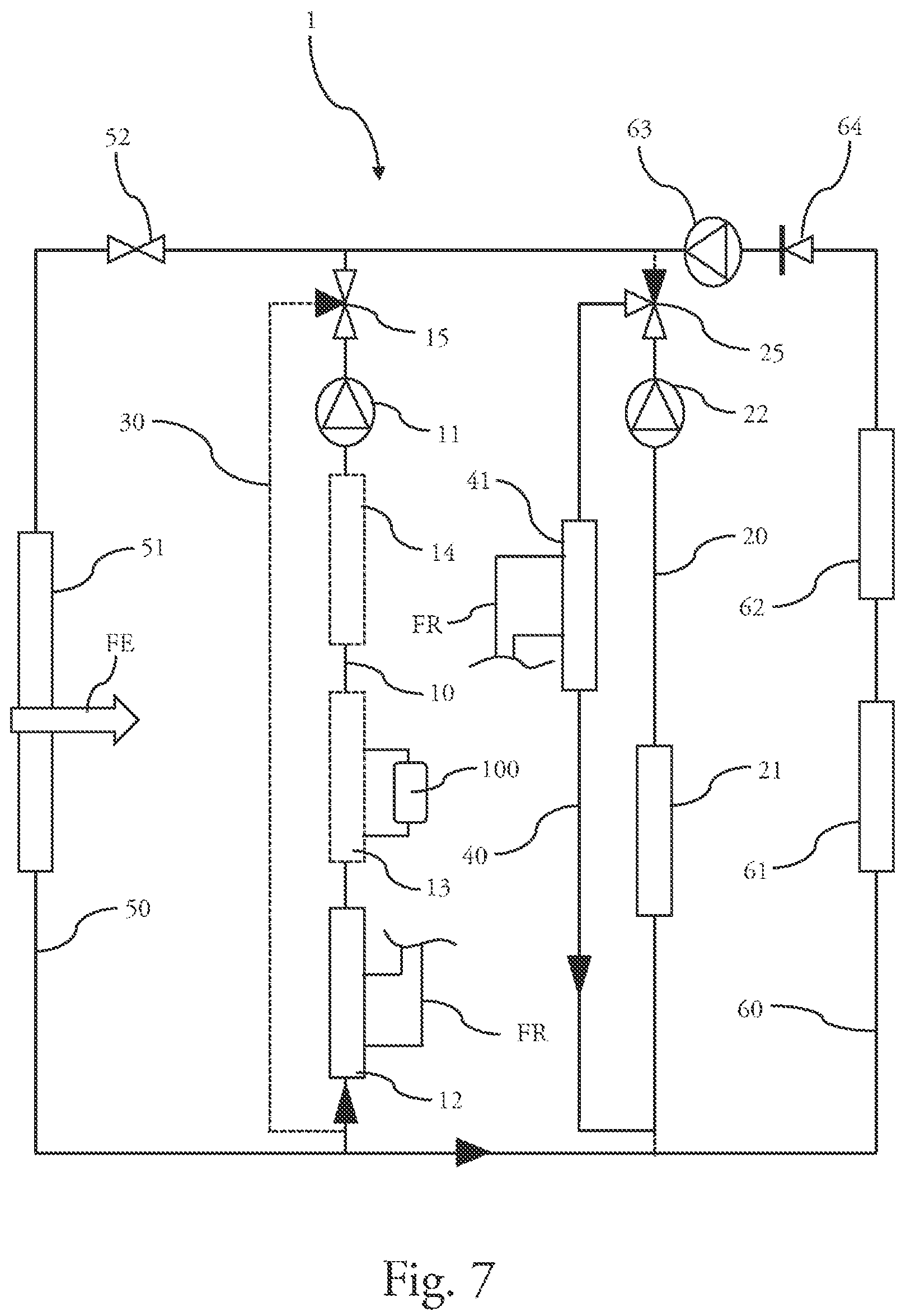 Patent US12325281 Figure 7 – Heat transfer liquid circuit
